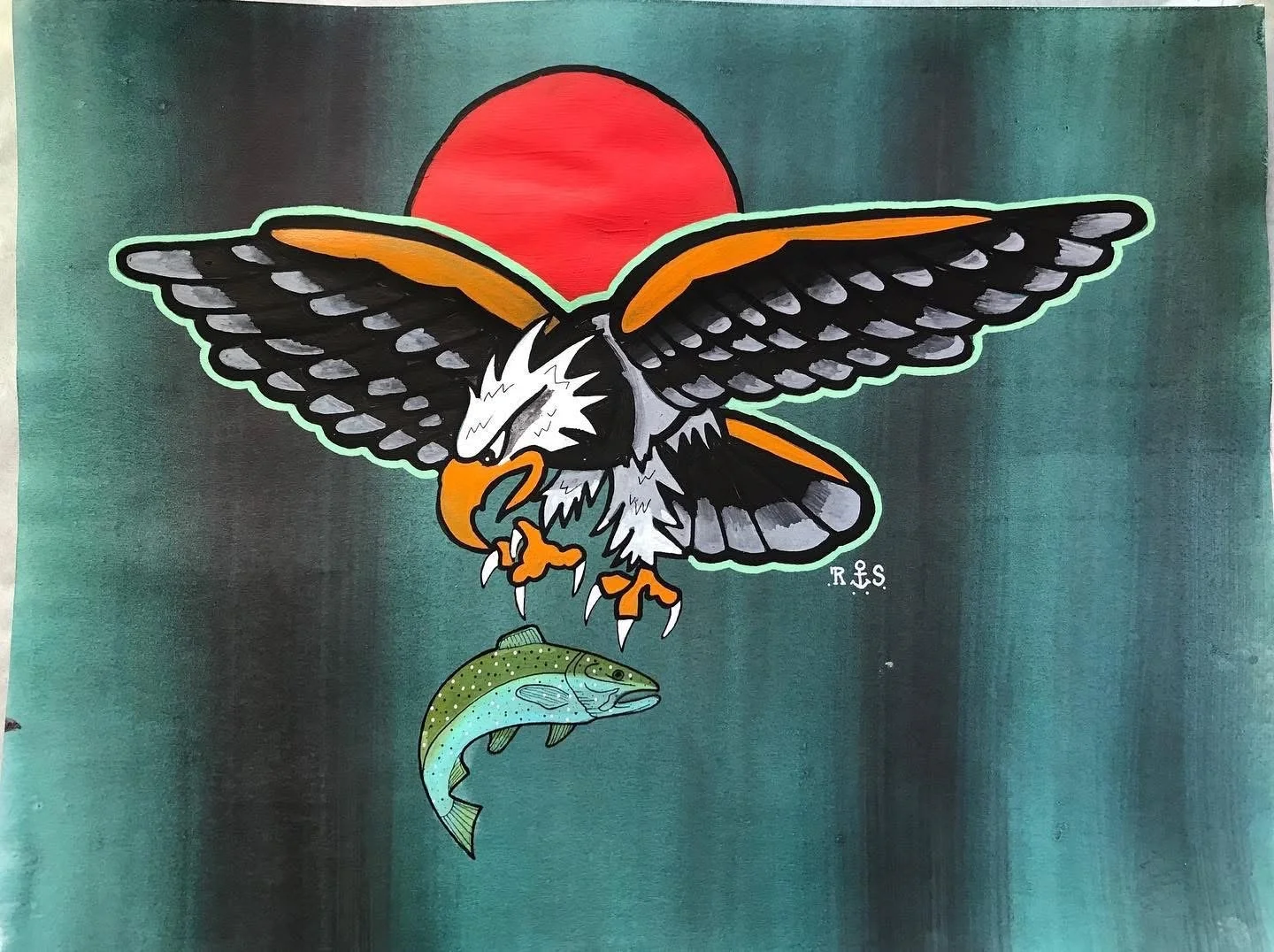 A stylized drawing of an eagle with outstretched wings flying above a fish, with a red sun in the background.