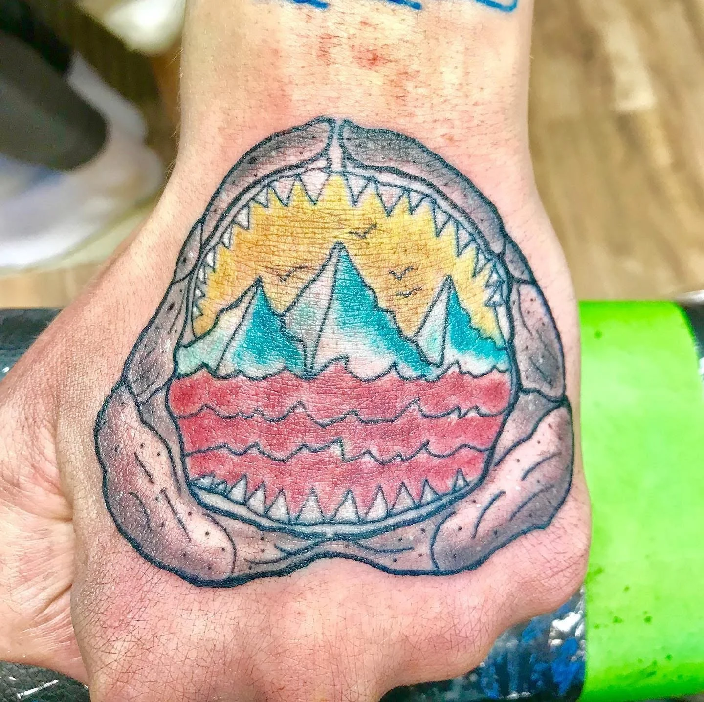 Colorful tattoo of a mountain landscape with a setting or rising sun and ocean waves, enclosed in a circular frame, on a person's hand.