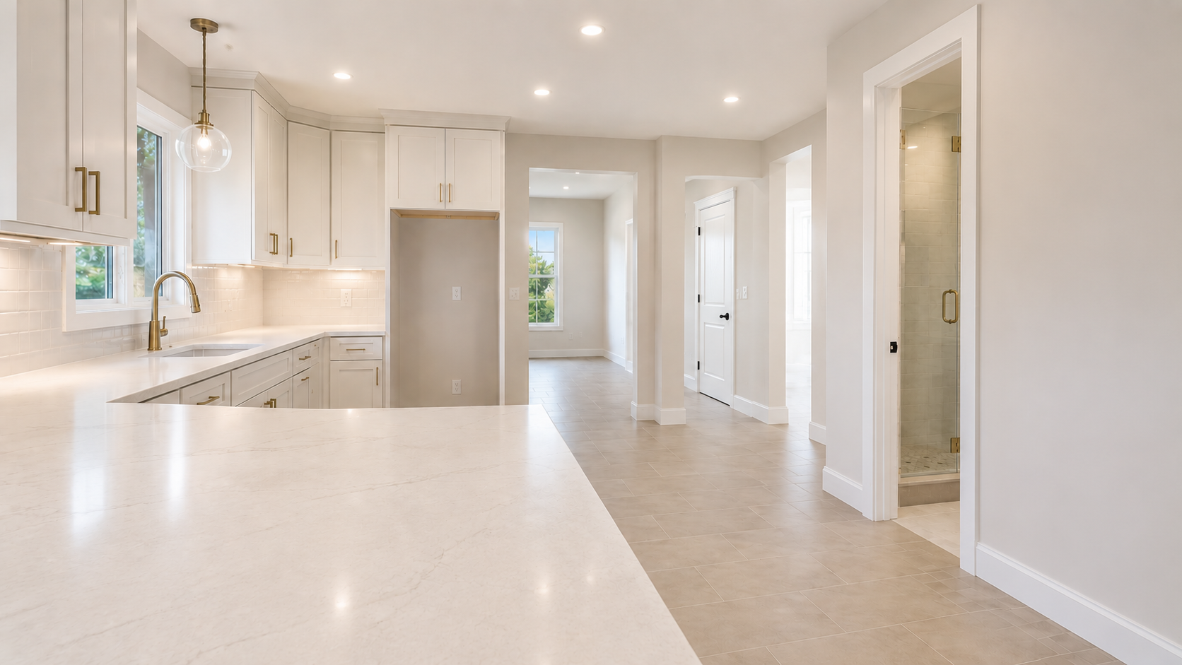 Empty modern kitchen with white cabinets, beige countertops, and beige floor tiles. There is a window above the sink, a pendant light hanging over the counter, and a glass-door shower in an adjacent room.