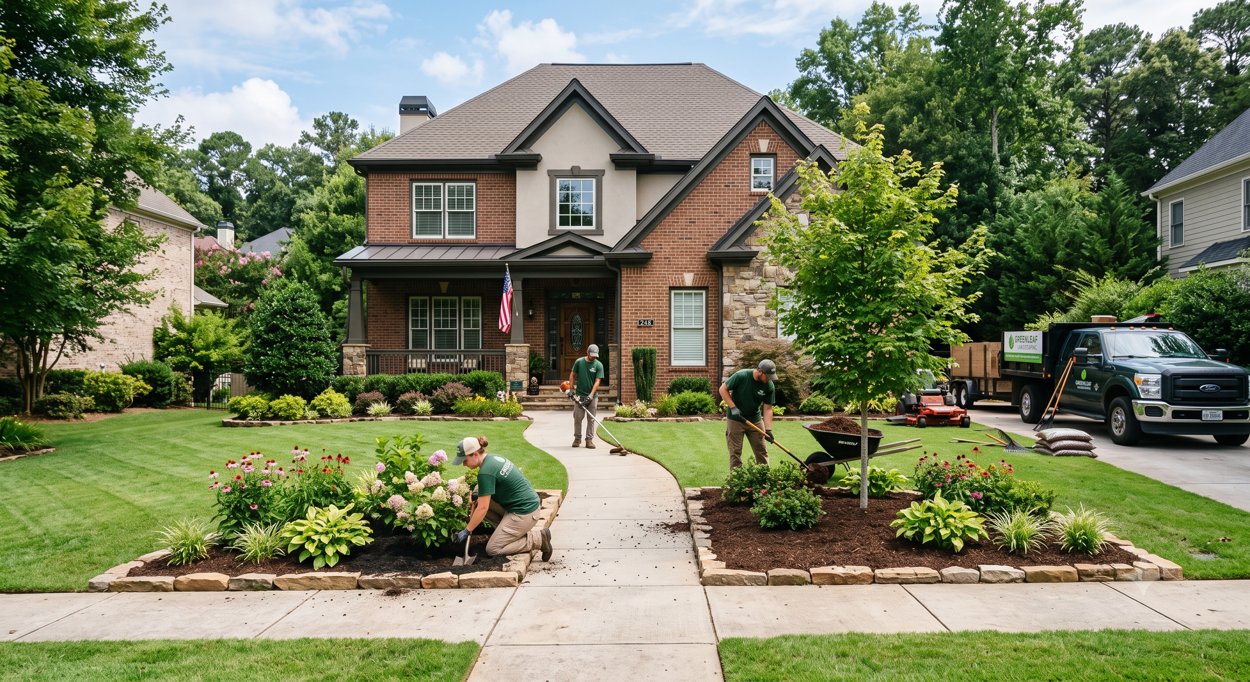 People landscaping in front yard of a two-story brick house with trees, bushes, flowers, and a lawn. A green truck with landscaping company logos is parked nearby.