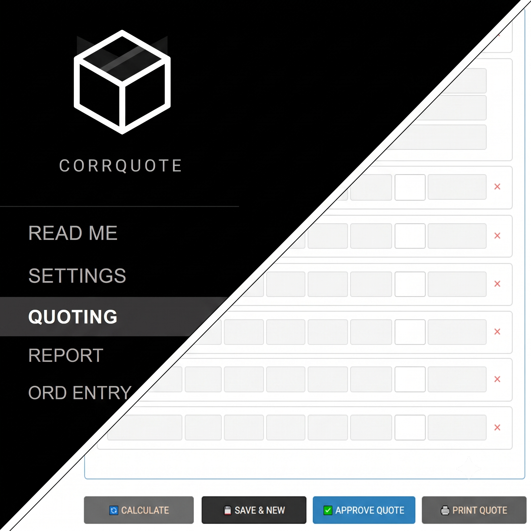 Screenshot of a software interface for creating quotes, featuring a black and white design with a cube logo, menu options 'Read Me,' 'Settings,' 'Quoting,' and buttons labeled 'Calculate,' 'Save & New,' 'Approve Quote,' and 'Print Quote.'
