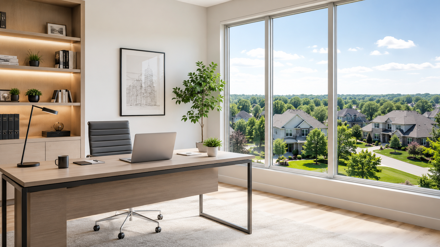 Modern office with large window overlooking suburban neighborhood with houses and trees, minimalist wooden desk with a laptop, black office chair, potted plant, and bookshelves with decor.
