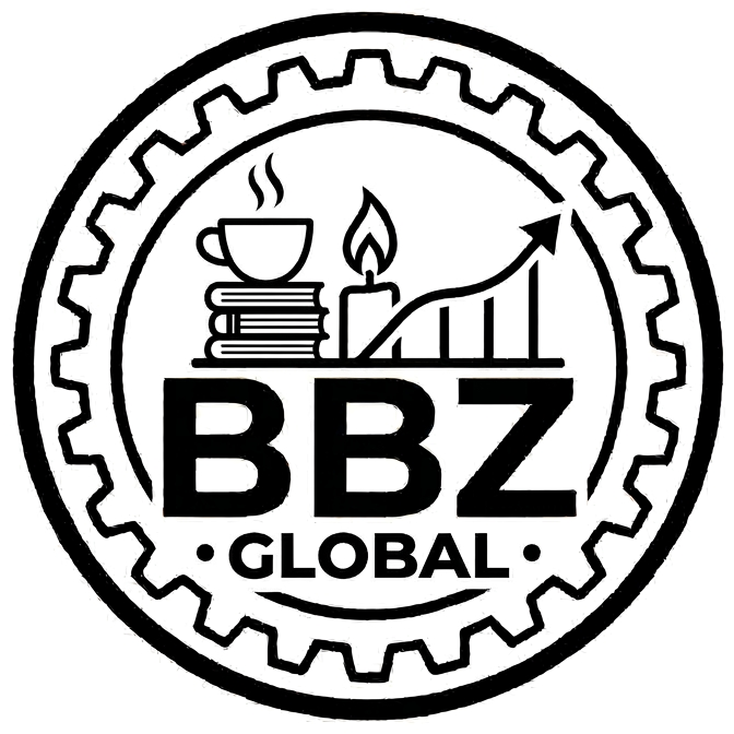 The logo has a circular gear-like border, with an image of a steaming coffee cup, a stack of books, a candle, and an upward trending arrow. Text in the center reads "BBZ GLOBAL."