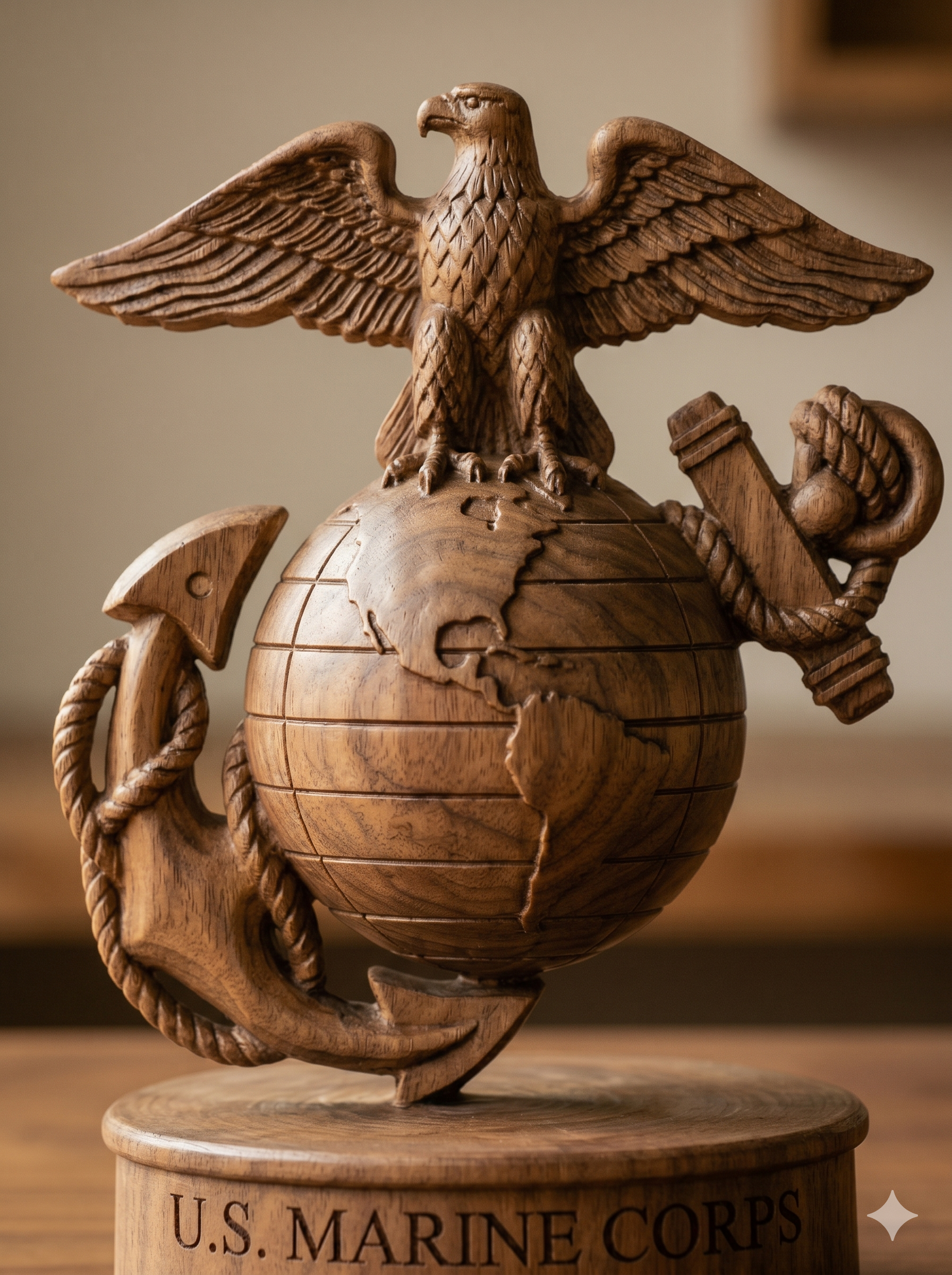 Wooden U.S. Marine Corps emblem featuring an eagle, globe, and anchor, with an inscription at the bottom reading "U.S. MARINE CORPS."