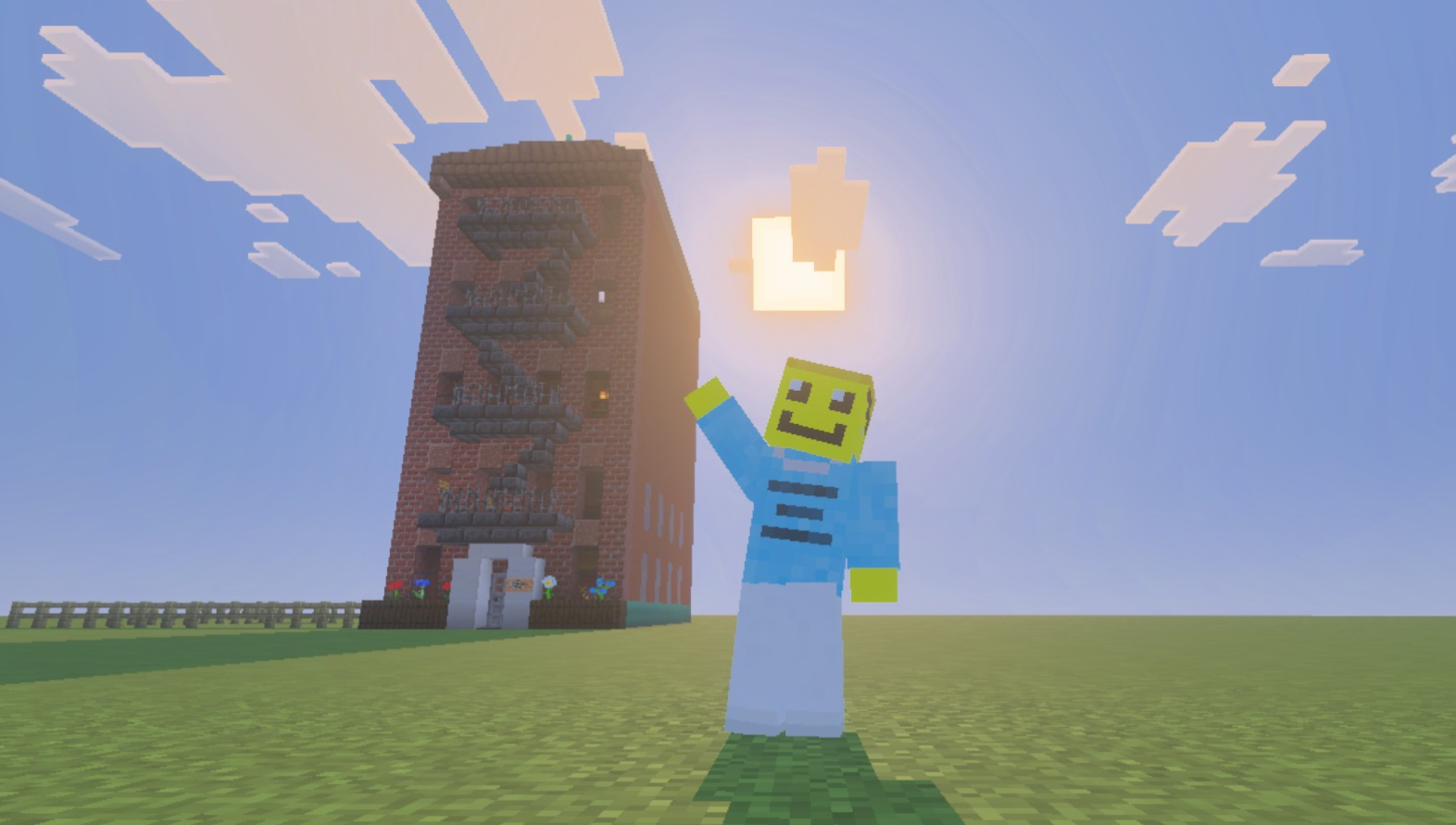Minecraft character standing outside in front of a tall brick building with fire escape, under a bright sky with a blocky sun.