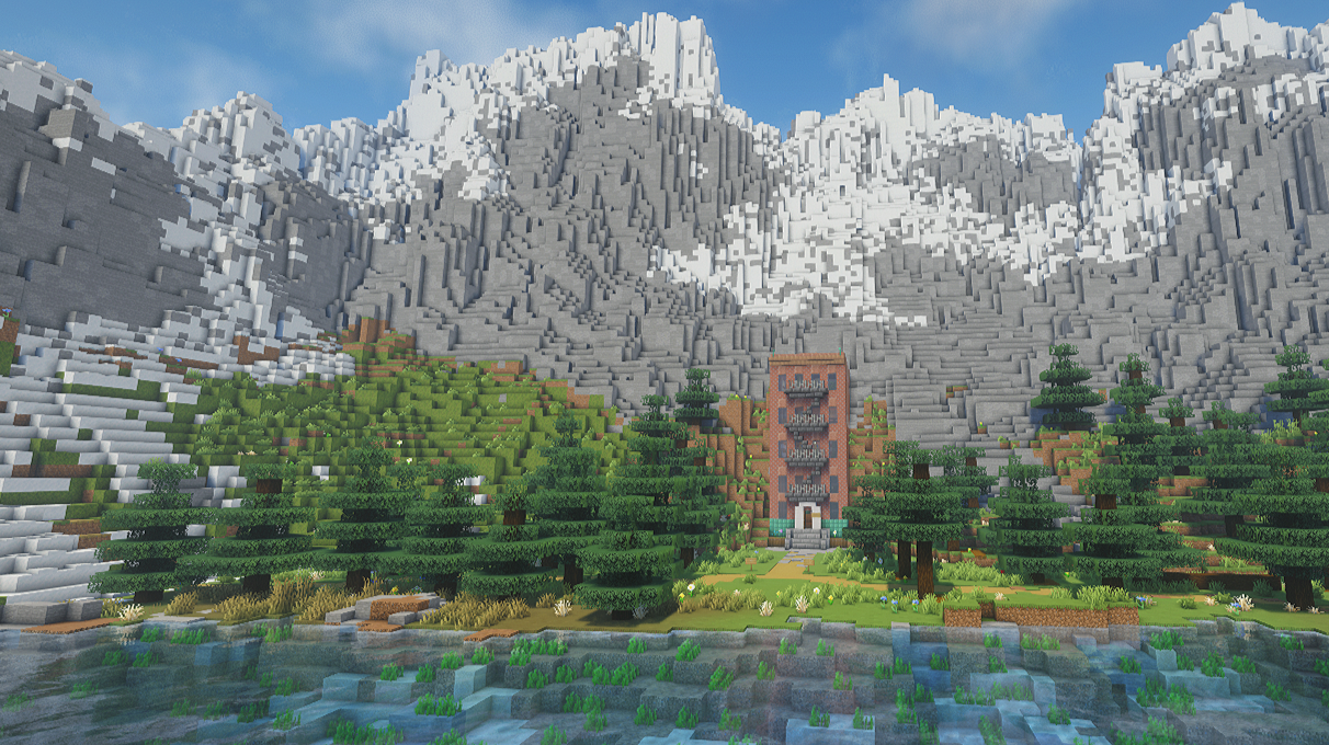 Minecraft mountain landscape with a lakeside forest, waterfall, and tower beneath snow-covered cliffs