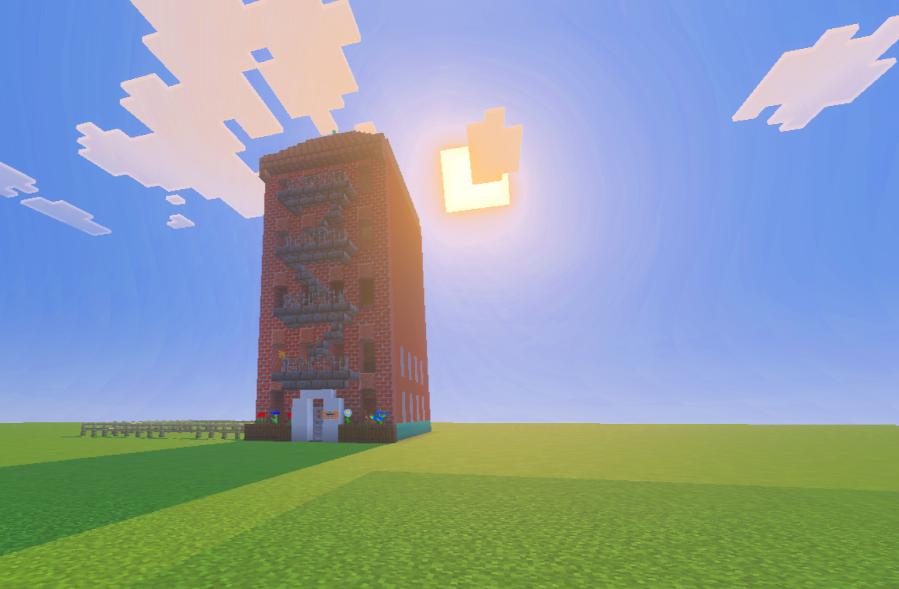 A tall brick building in a Minecraft-style landscape, with a staircase on the front, plants at the base, and a bright sun in a partly cloudy sky.