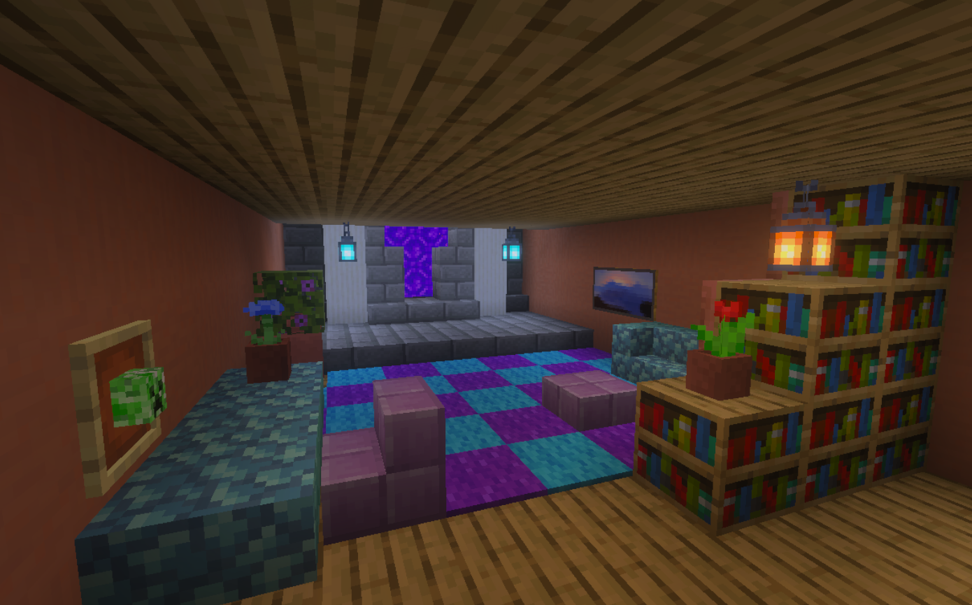 A Minecraft-style digital room with colorful furniture, a bookshelf, plants, a TV, and lighting, with a stage at the back featuring a purple portal or decoration.