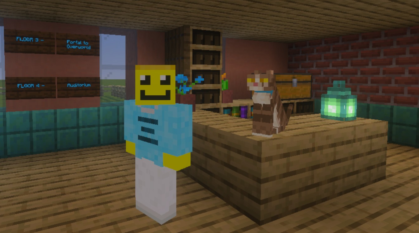 Minecraft indoor scene with a character wearing a smiley face mask and a blue jacket, a cat sitting on a wooden counter, and a glowing green potion bottle. There are signs on the wall indicating different floors and a window with a view outside.