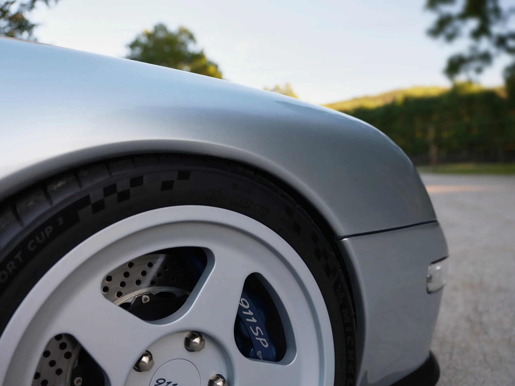 Close-up of the front wheel of a silver sports car with a visible brake disc and caliper, parked on a paved area with trees and a hillside in the background.
