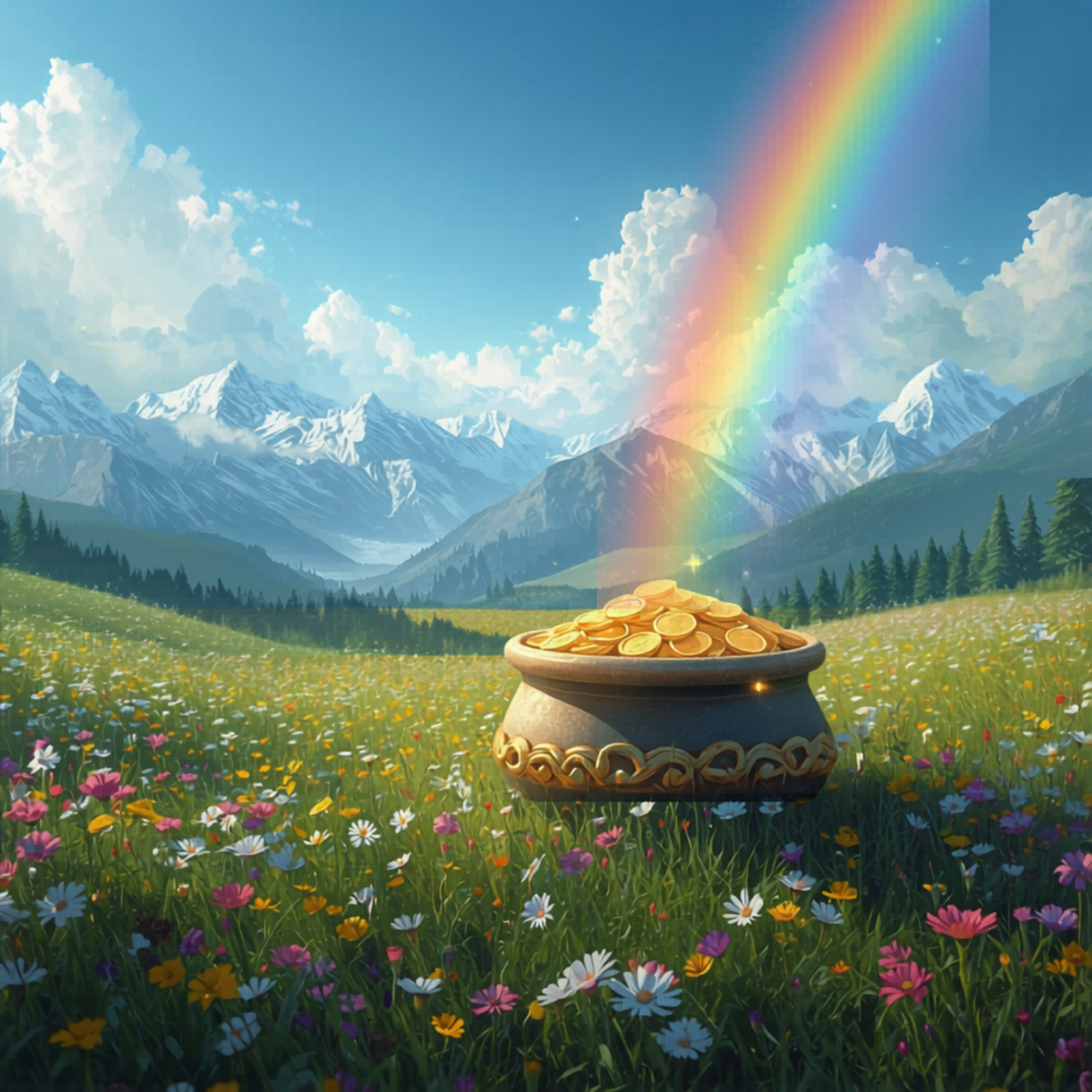 A pot filled with gold coins in a colorful meadow with mountains in the background and a rainbow in the sky.