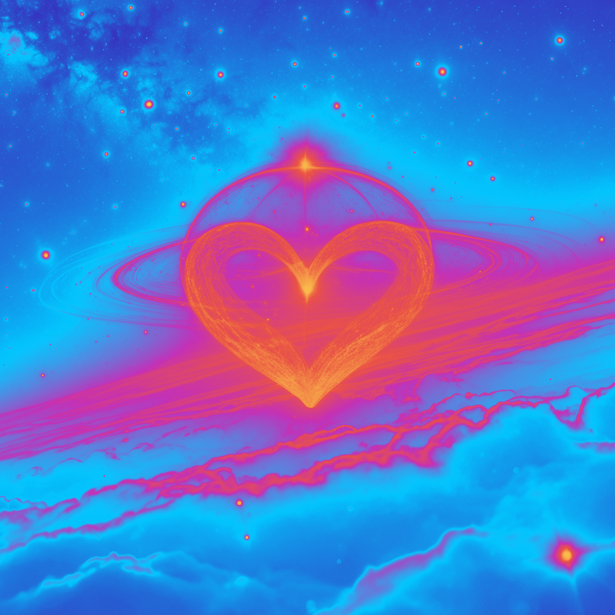 A glowing orange heart in space with a bright star at the top, surrounded by colorful clouds and stars, with a vibrant blue background.