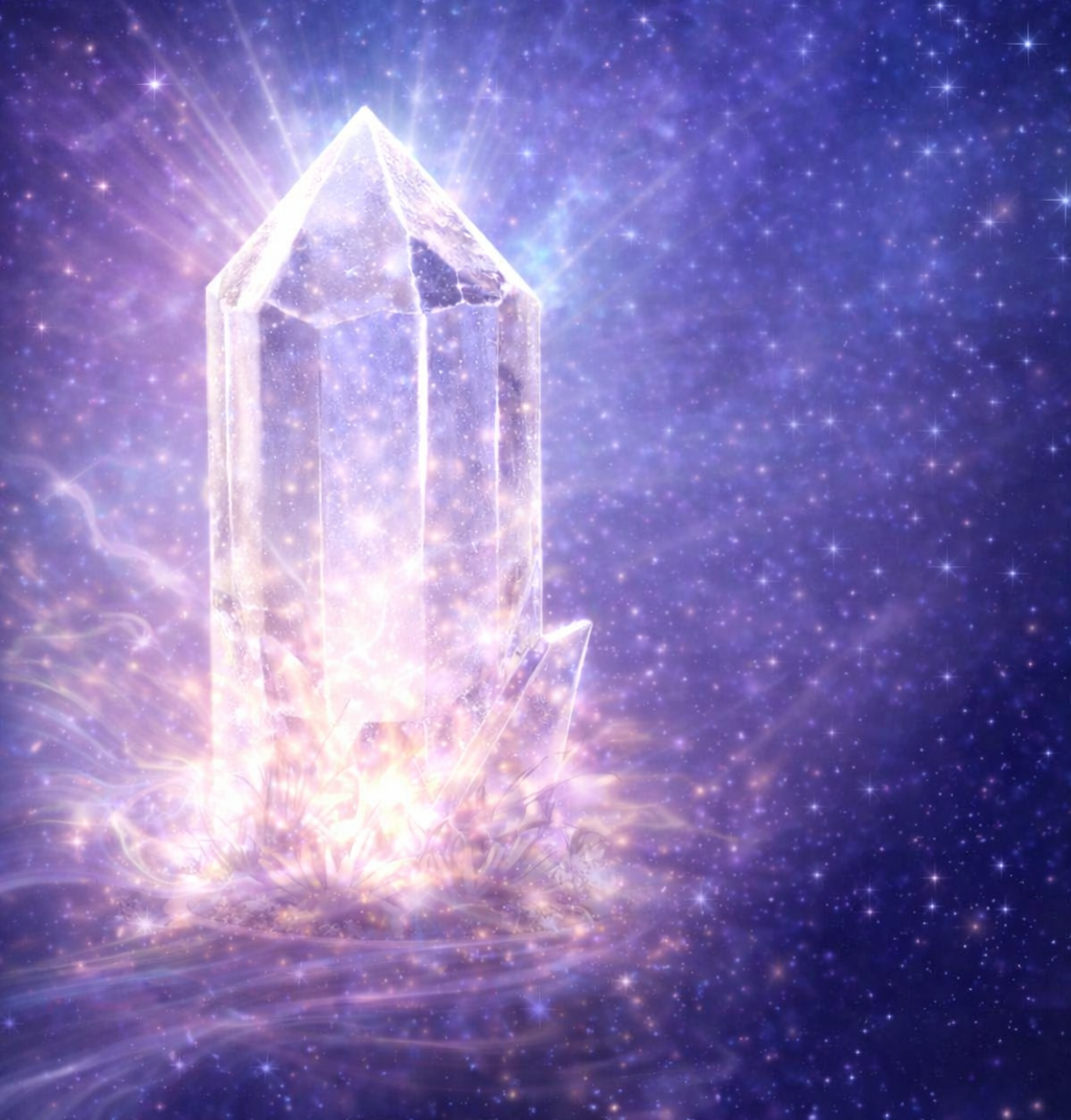 A glowing, transparent crystal resembling a gemstone emerging from a burst of bright light and sparkles in a starry, purple cosmic background.