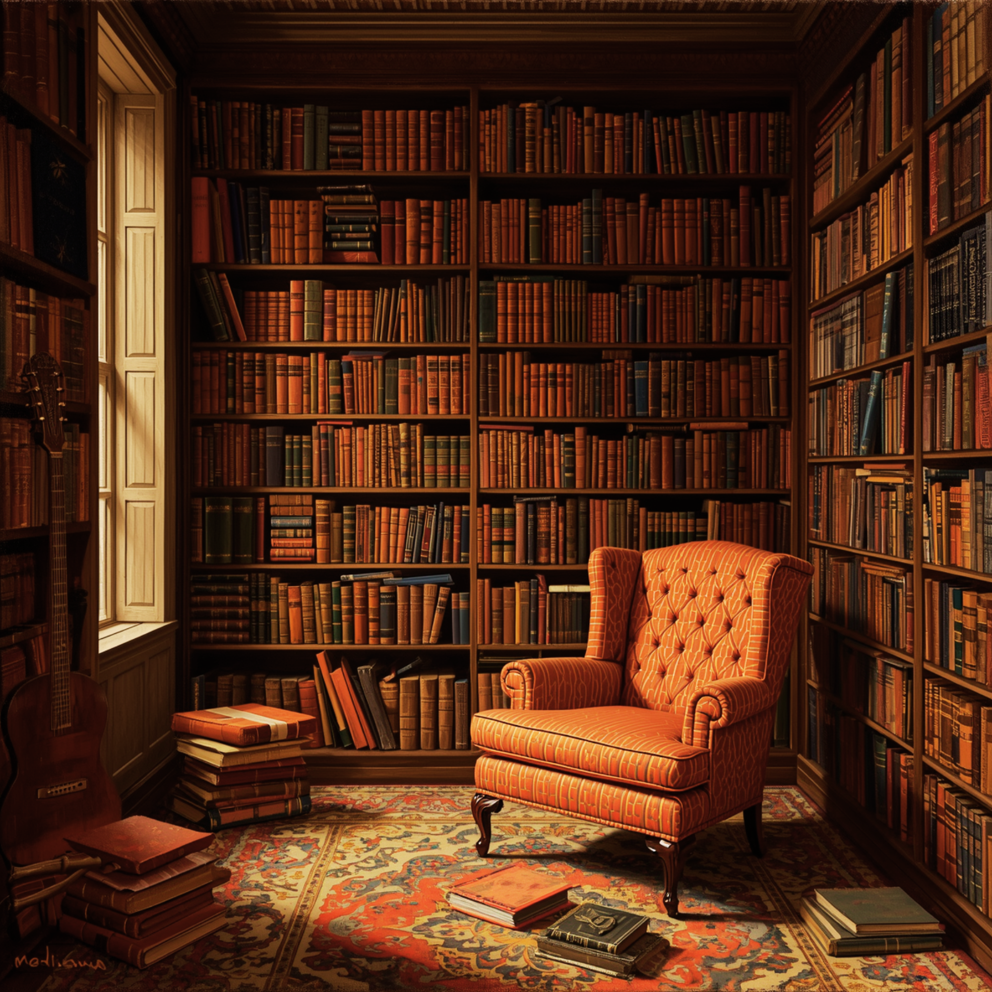 Cozy library with tall wooden bookshelves filled with books, a large window letting in natural light, an orange upholstered armchair, and stacks of books on the floor and a colorful patterned rug.