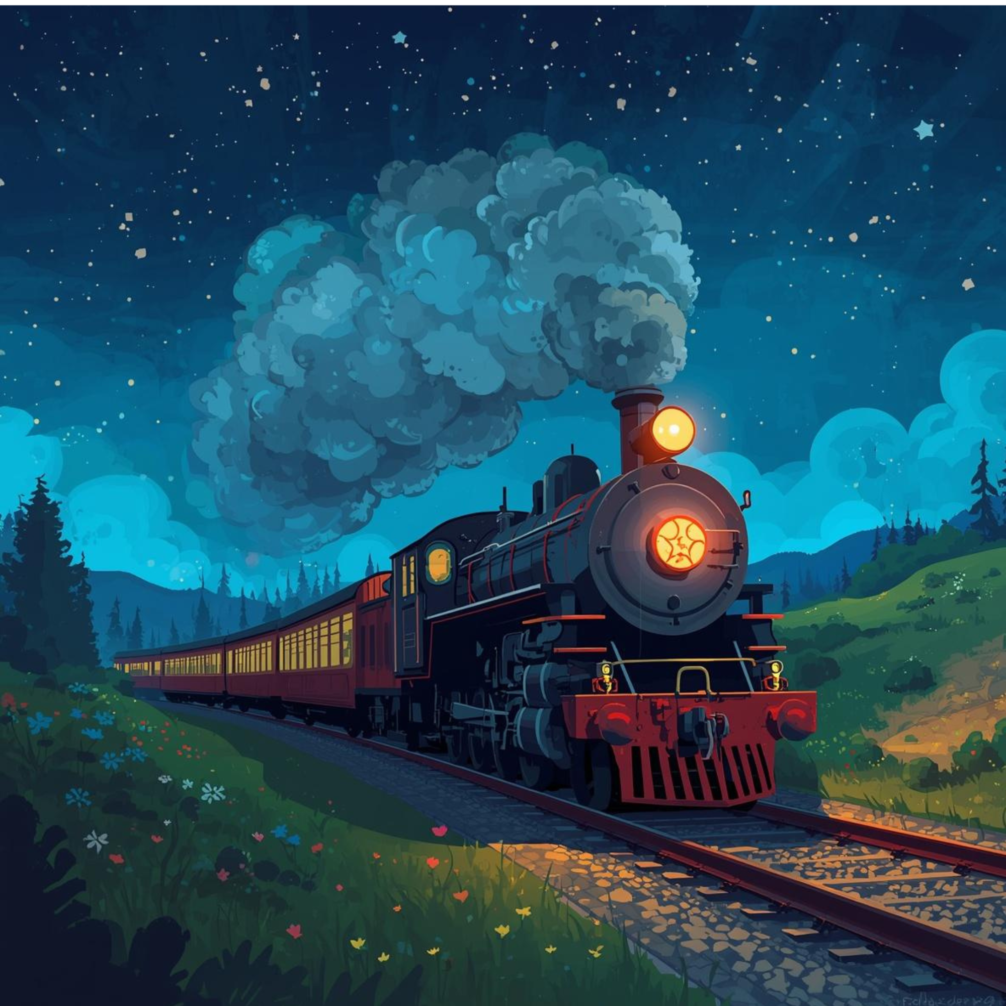 Illustration of a vintage steam train moving through a rural landscape at night, with smoke billowing from its chimney and stars visible in the sky.