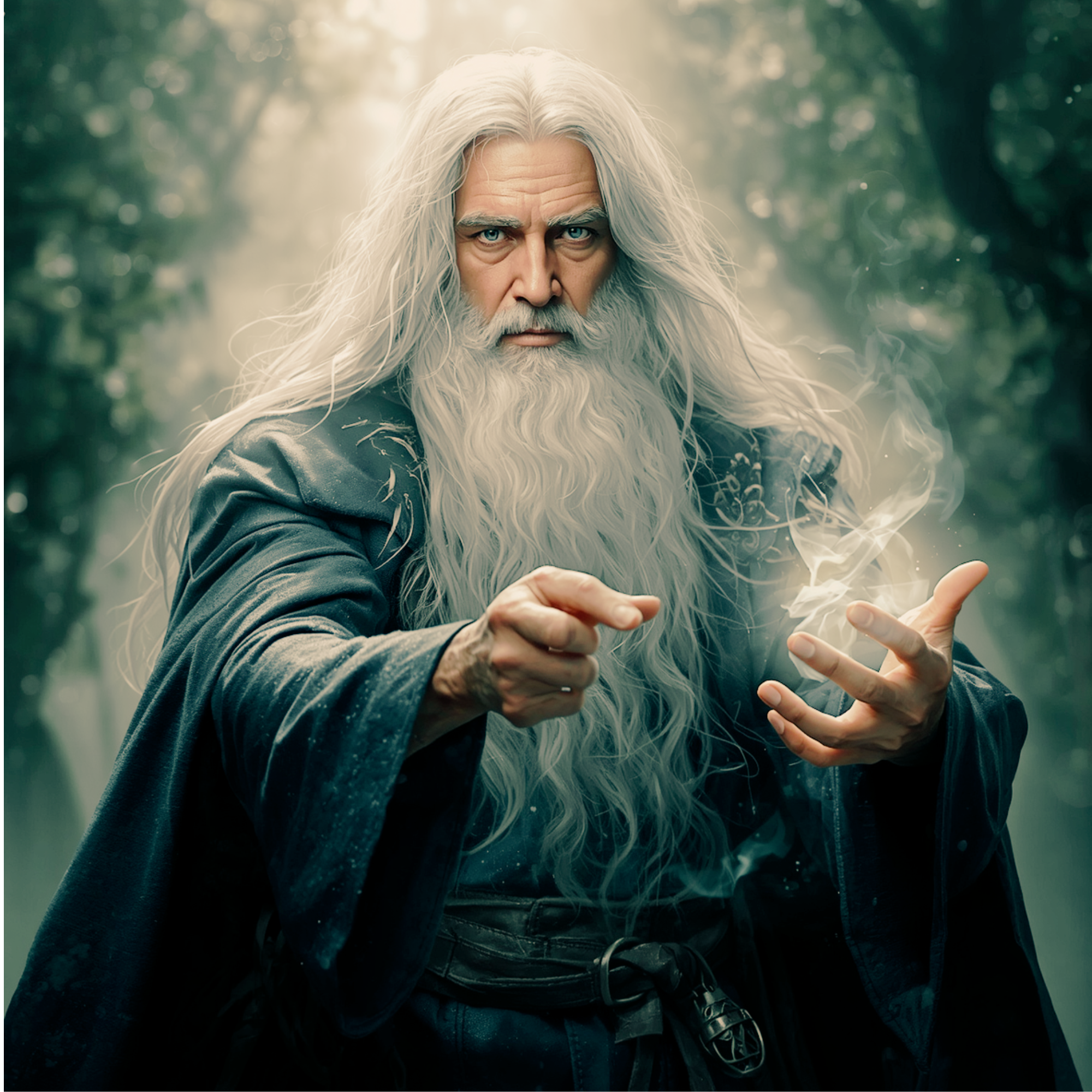 A wizard with long gray hair and beard, dressed in dark robes, standing outdoors in a forest with sunlight filtering through the trees, casting a mystical glow as he conjures a small cloud of magical smoke in his hand.