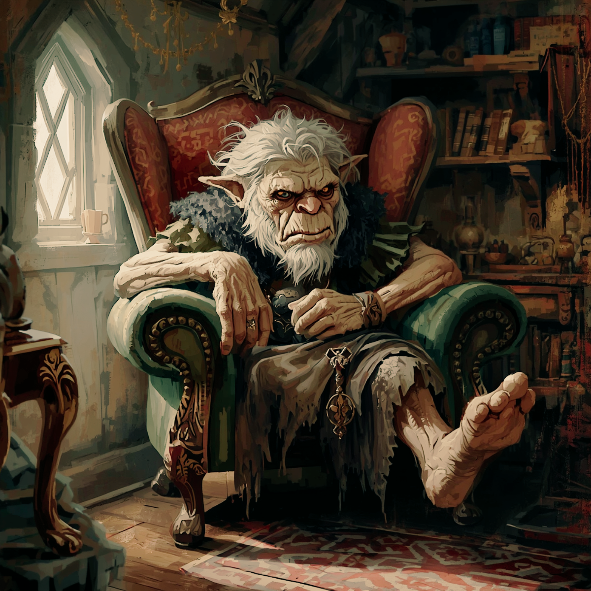A grumpy, elderly fantasy creature with pointed ears and wild white hair sits in an ornate armchair in a mystical, cluttered room. The creature has a stern expression, wears tattered clothing, and exhibits a strong, muscular build. The room is filled with books, magical bottles, and various artifacts, with a small window allowing natural light to shine in.