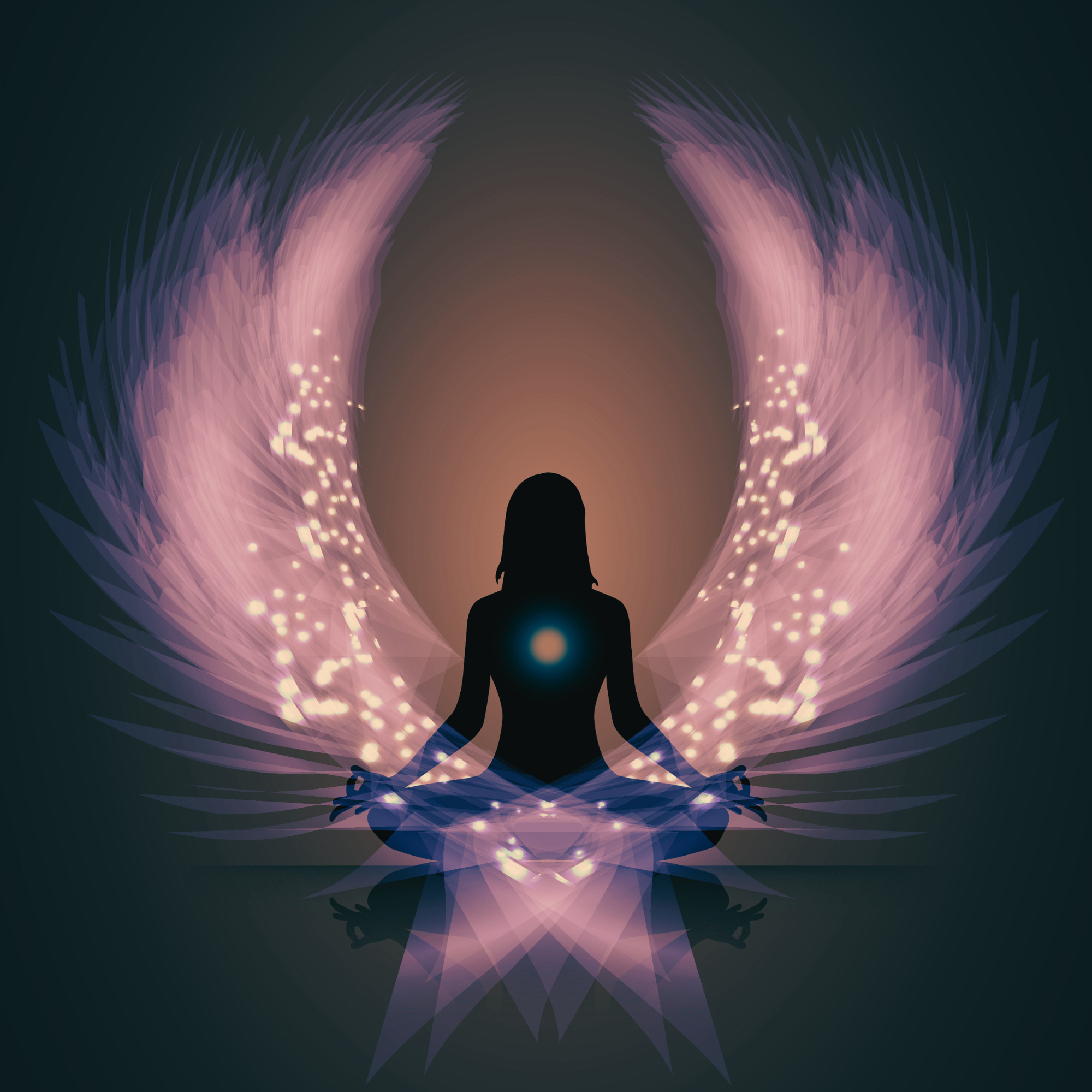 Silhouette of a person meditating in a cross-legged pose, with glowing light at the chest and a radiant, digital-looking butterfly or wings behind, creating a symmetrical, mystical scene.