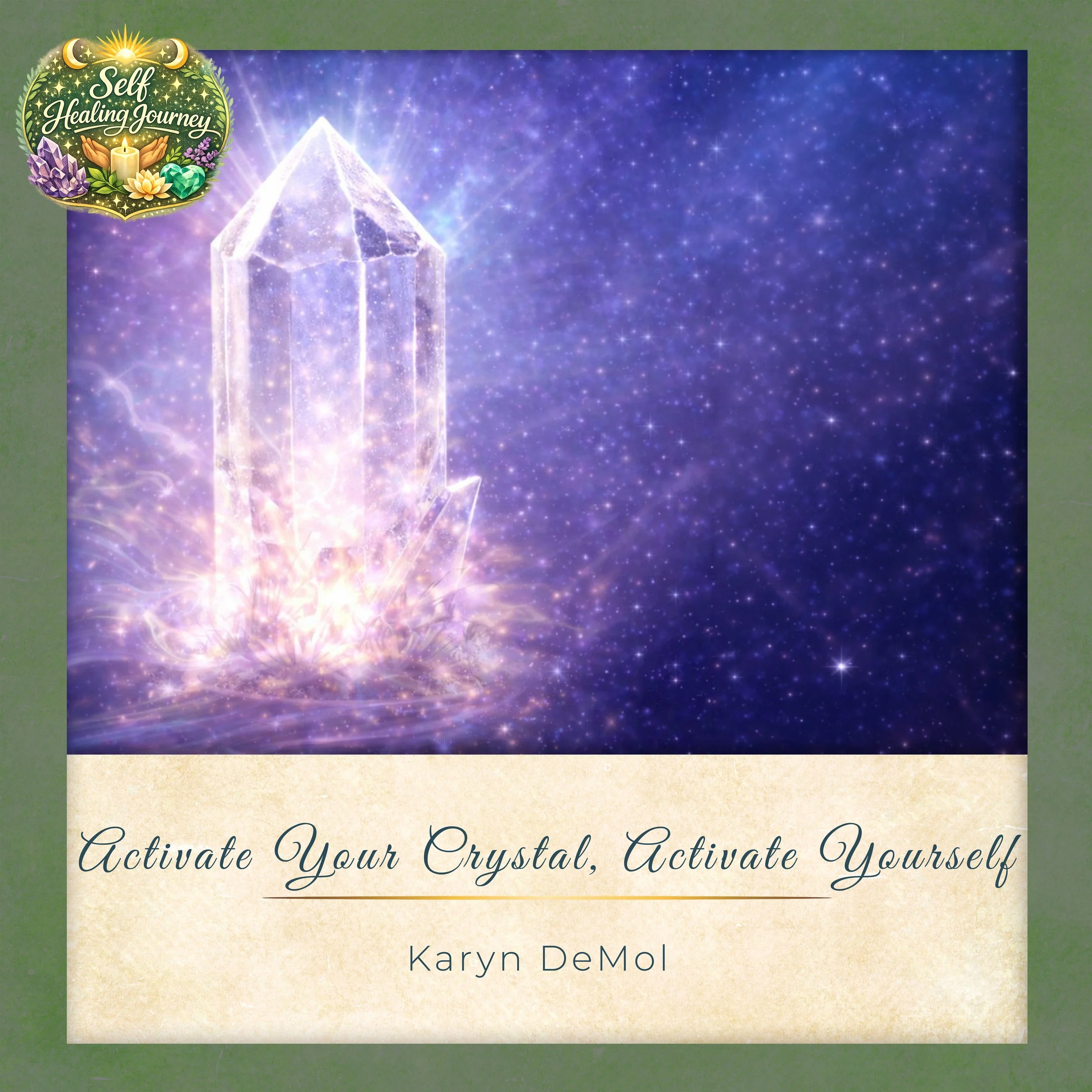 A glowing, transparent crystal with a luminous, sparkly background of purple and blue stars. The text at the bottom reads, 'Activate Your Crystal, Activate Yourself,' by Karyn DeMol. There is a decorative logo in the top left corner with the words 'Self Healing Journey' surrounded by crystals, a candle, and flowers.