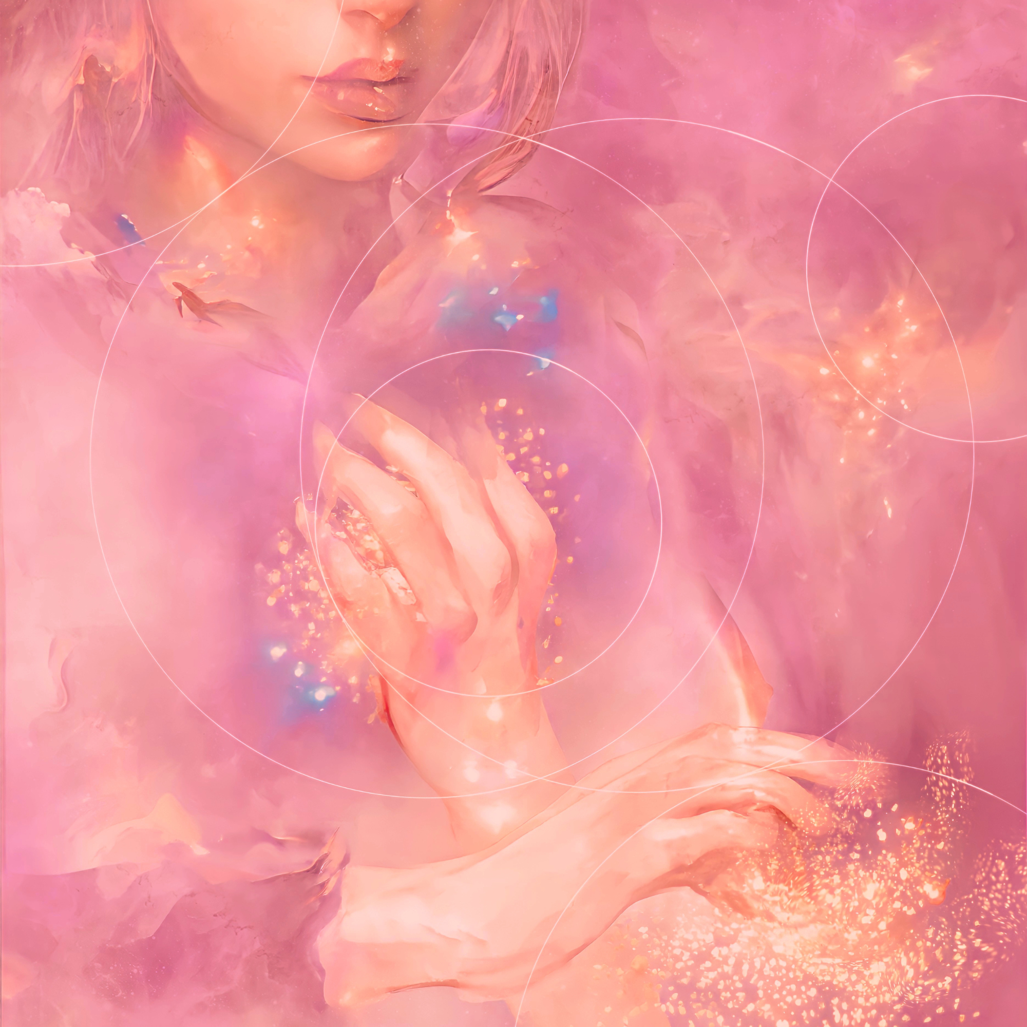 Abstract digital artwork featuring a woman with closed eyes, holding her face, rendered in soft pink and peach tones with luminous accents and circular line patterns.