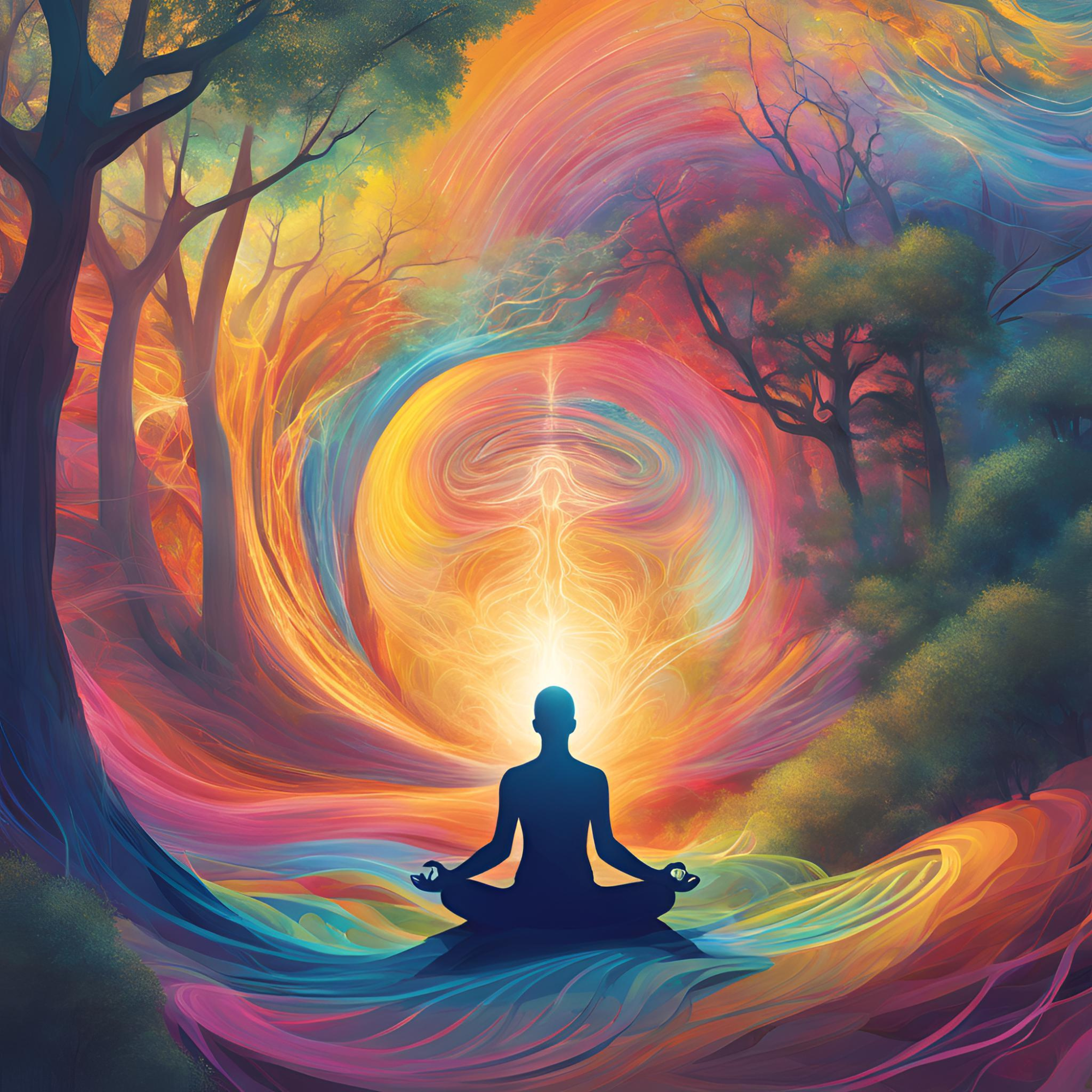 A person in a meditative pose sitting on water in a colorful, surreal forest with swirling vibrant light patterns and trees.