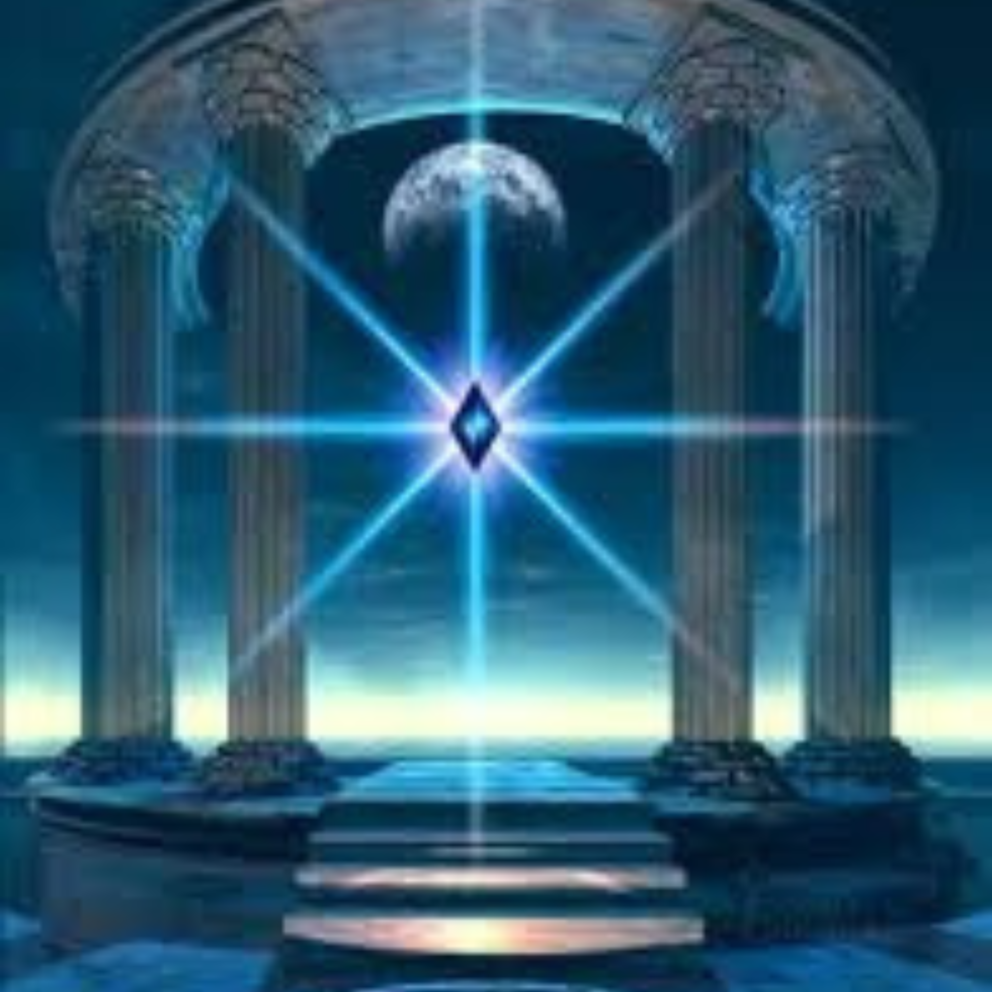 Digital illustration of a celestial scene with a glowing diamond-shaped object emitting blue beams of light, with earth in the background, surrounded by four marble columns and stairs leading up to the scene.