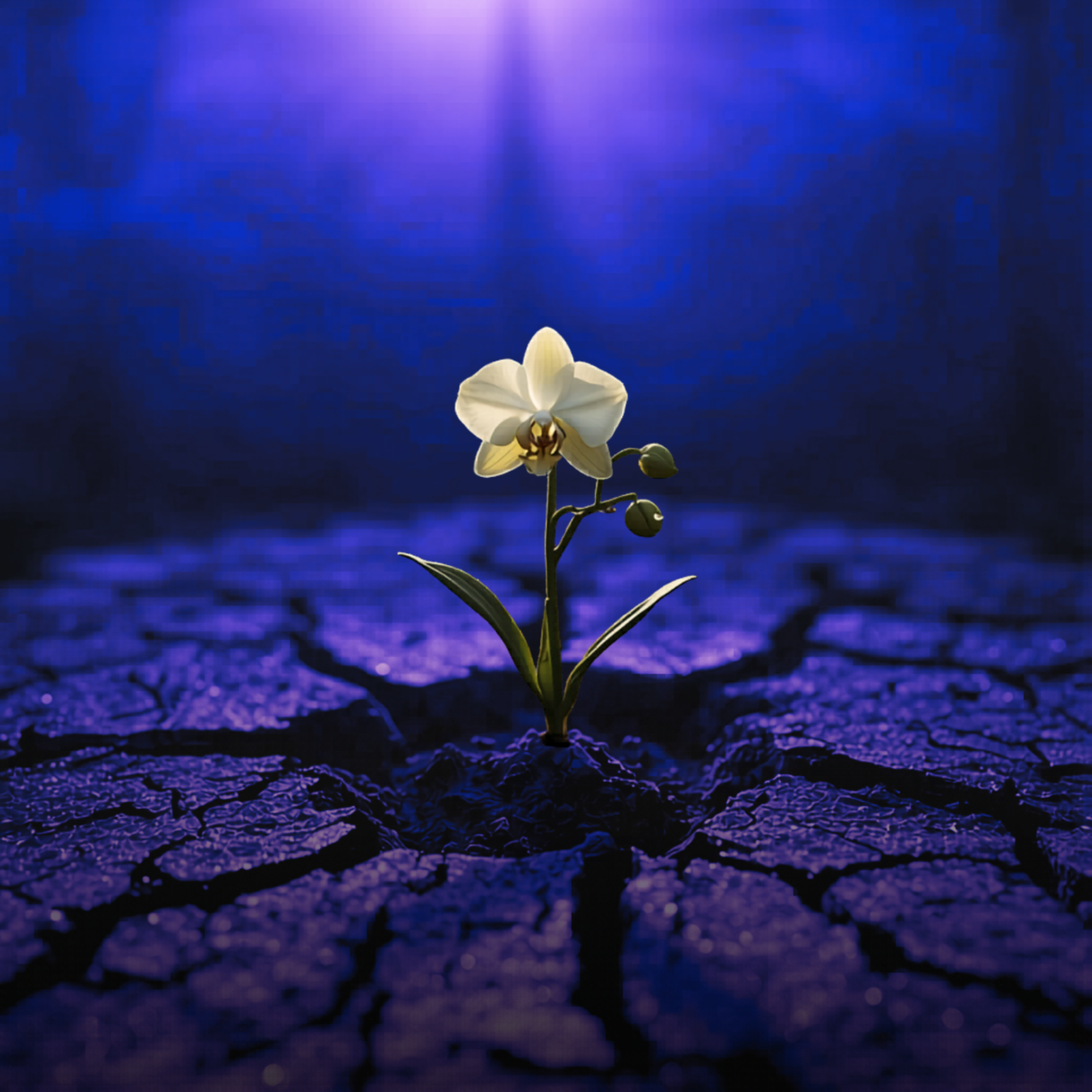 A single white orchid growing from cracked dark soil with a purple and blue background.