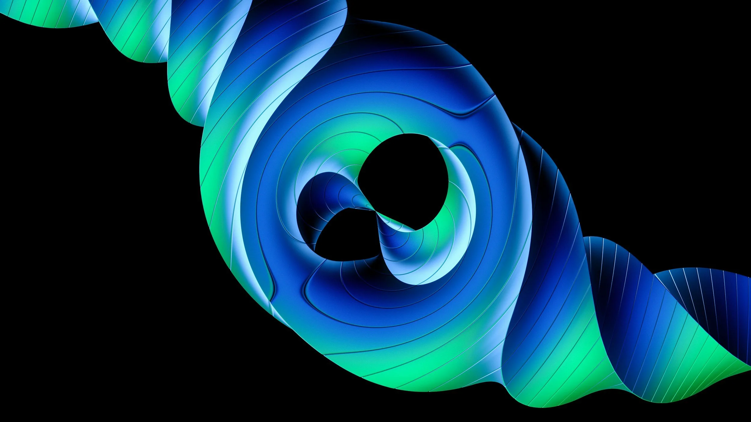 Abstract digital art featuring swirling, ribbon-like shapes in shades of blue, green, and teal against a black background.