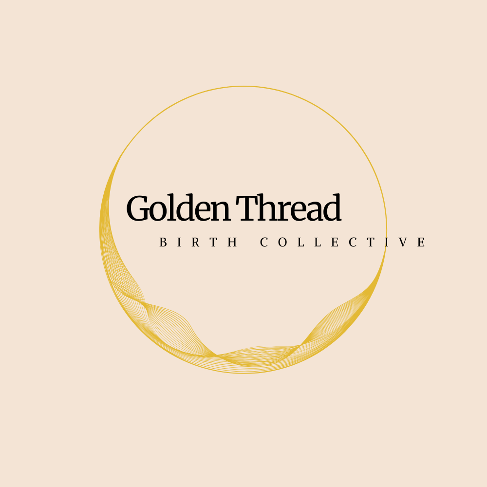 Logo for Golden Thread Birth Collective with a gold circular design on a light beige background.