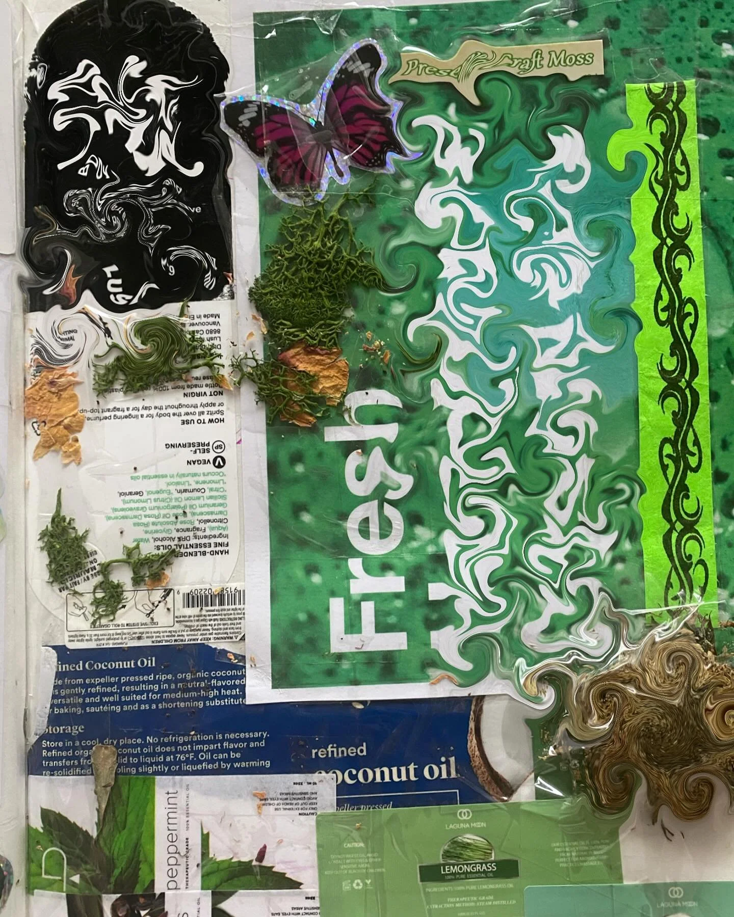 from &ldquo;Ego Friendly&rdquo; zine &bull; digital &amp; analog 2024&bull; moss - packaging labels - dried flowers
