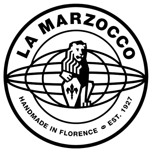Black and white circular logo with the words 'LA MARZOCCO' at the top. In the center, a stylized figure of a man with steam rising from his head, standing in front of a globe with grid lines. The bottom text reads 'HANDMADE IN FLORENCE EST. 1927'.