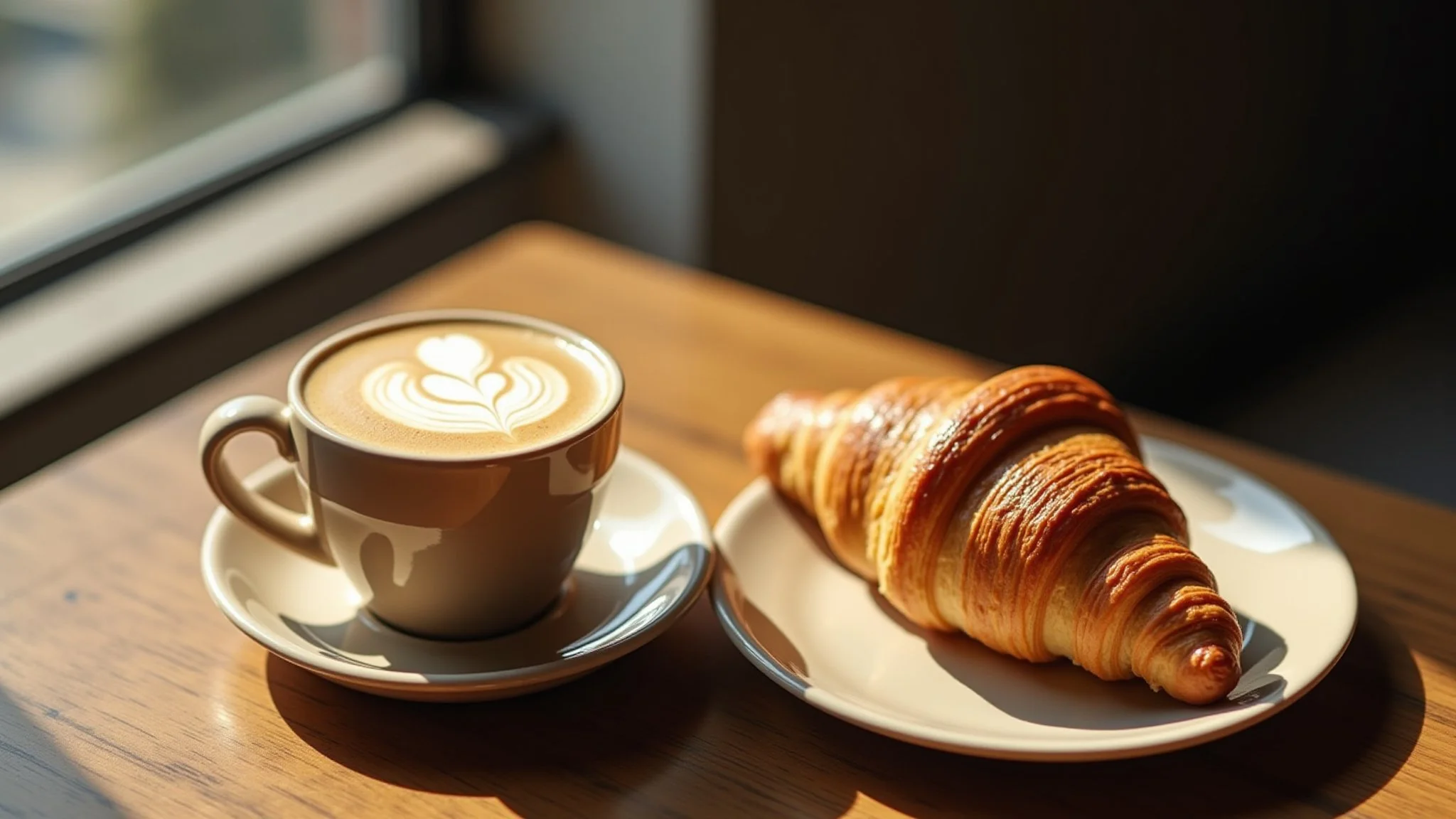 A cup of latte with latte art and a croissant on a plate on a wooden table near a window.