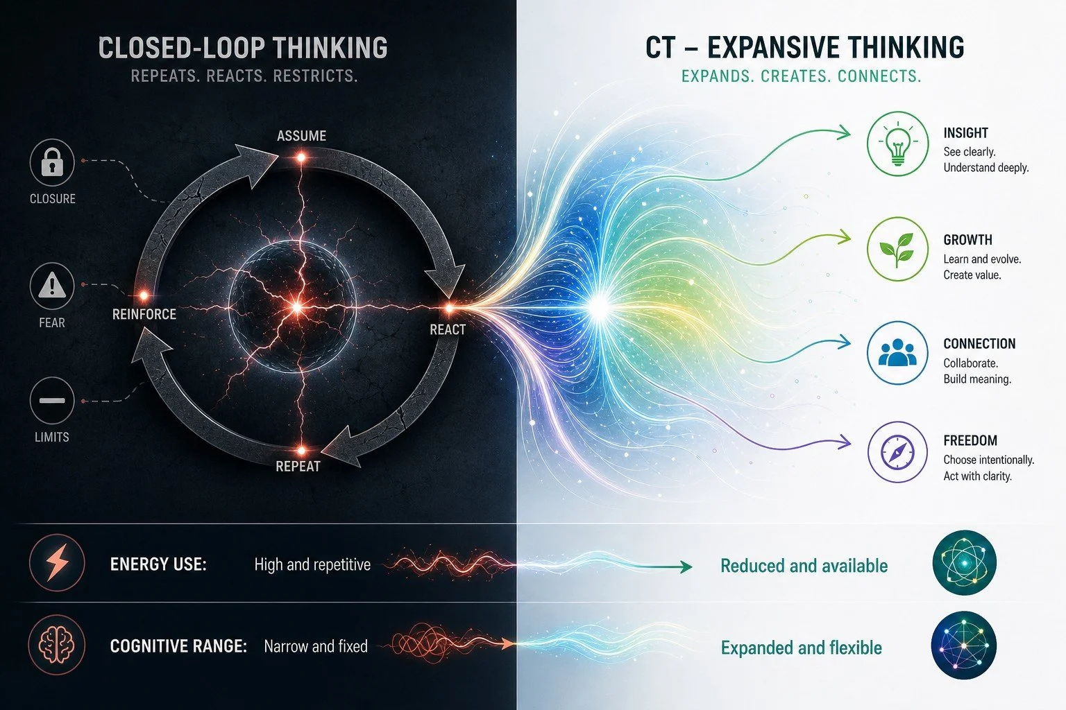 Comparison between closed-loop thinking and expansive thinking. Closed-loop thinking involves assumptions, reinforcing fears and limits, and repeating cycles with high energy use and narrow cognitive range. Expansive thinking involves gaining insight, growth, connection, and freedom with reduced energy use and expanded cognitive flexibility.