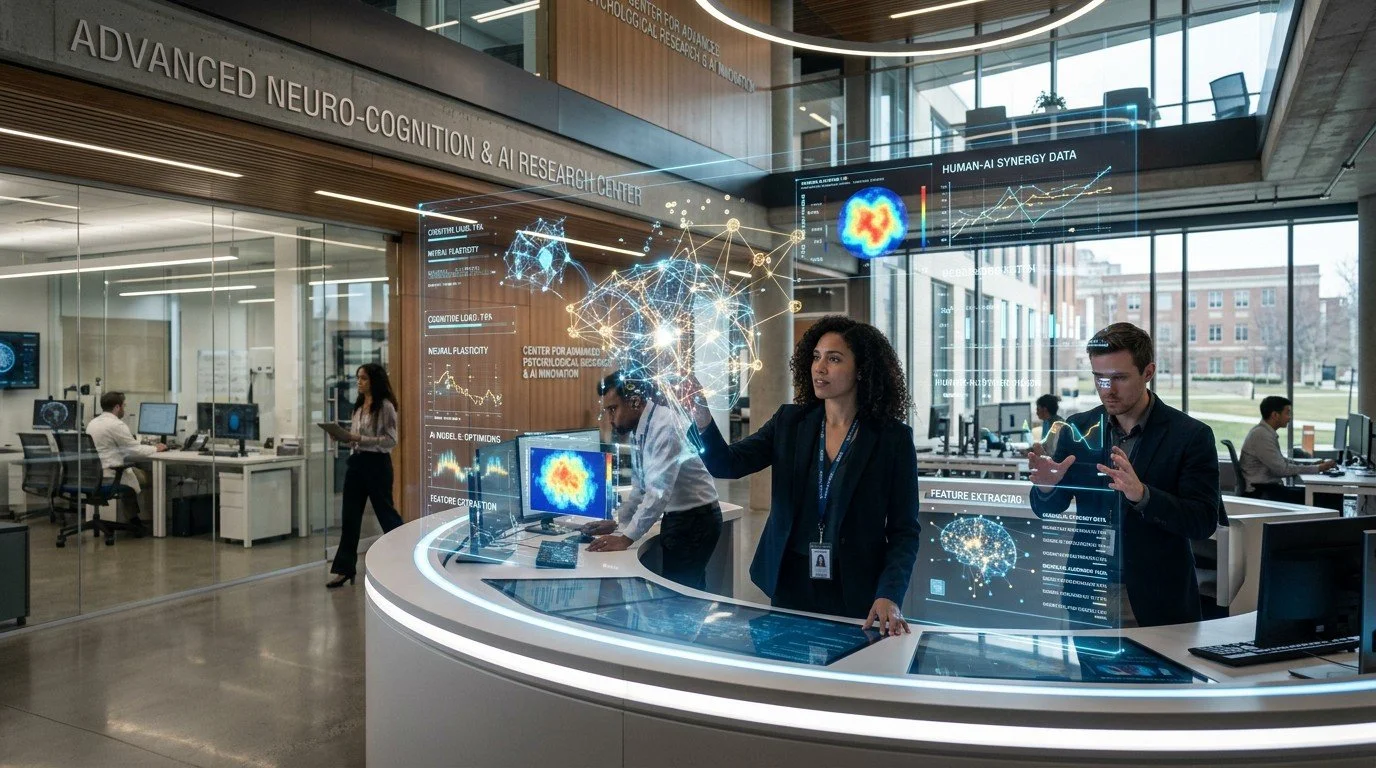 Researchers working at the Advanced Neuro-Cognition & AI Research Center, with holographic displays and digital data projections related to human-AI synergy and neuroscience.