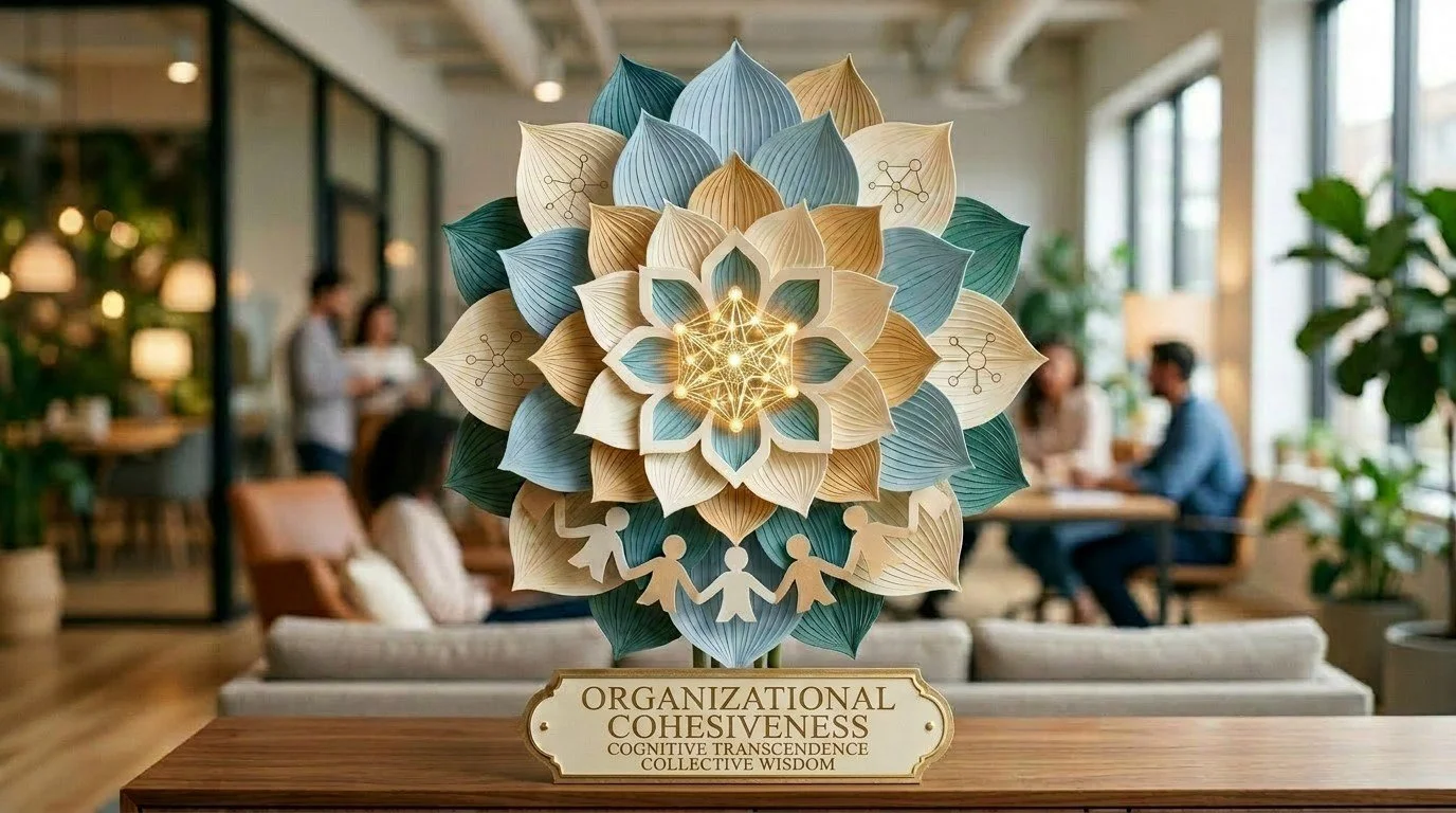 A decorative paper lotus flower art piece on a desk with a sign that reads 'Organizational Cohesiveness, Cognitive Transcendence, Collective Wisdom' in a modern cafe setting with people in the background.