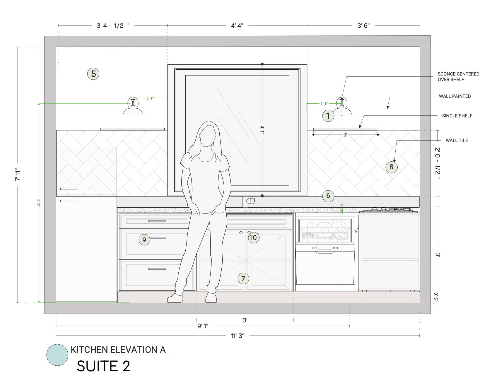 A detailed architectural drawing of a kitchen elevation labeled as 'Suite 2'. The drawing shows measurements, wall tiles, cabinets, shelving, lighting fixtures, and a person standing in front of a mirror above the kitchen counter.