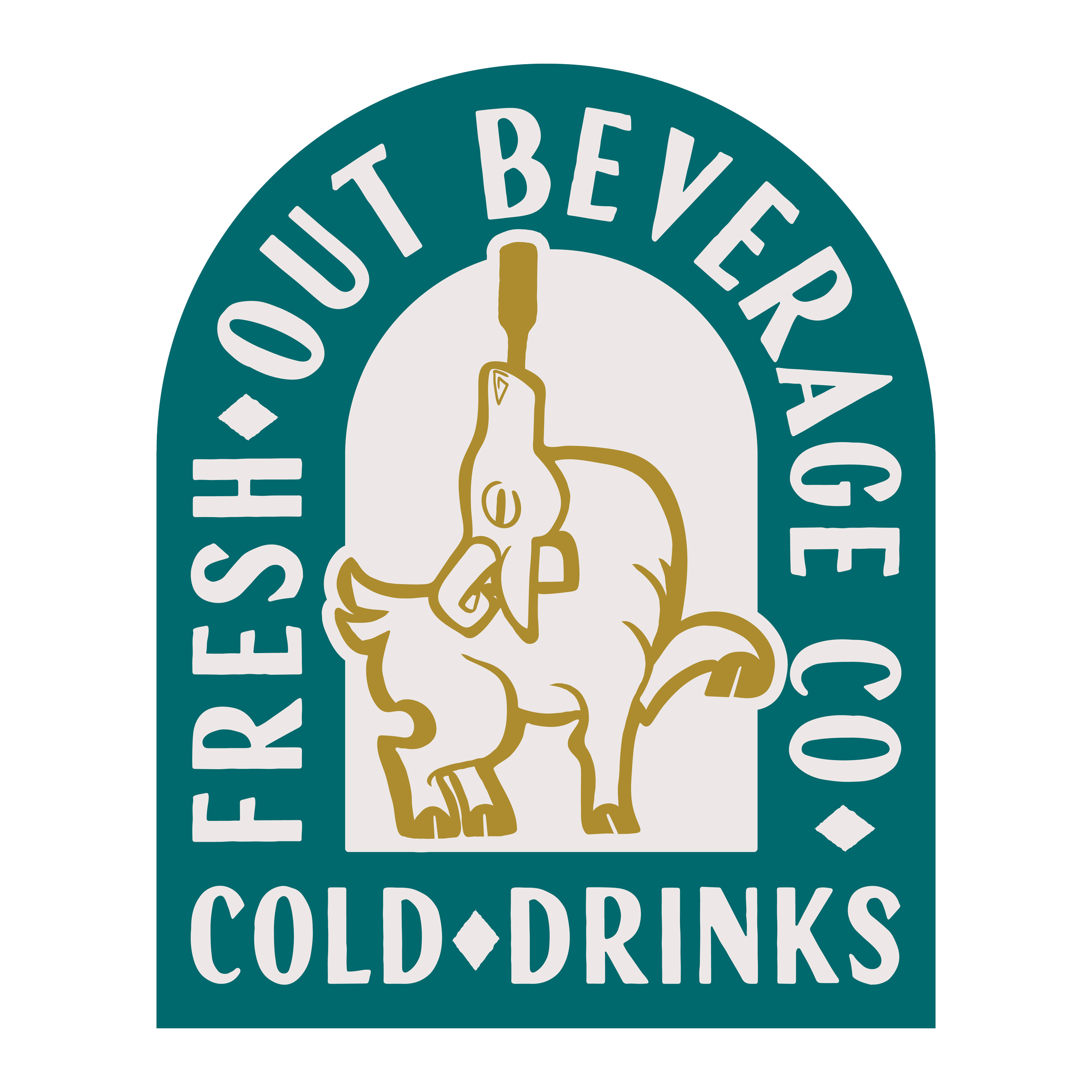 Logo ending with the text "Fresh Out Beer & Beverage Co. Cold Drinks," featuring a cartoonish illustration of a dog with an open mouth and an elongated neck, with an arrow pointing down at the top of its mouth.