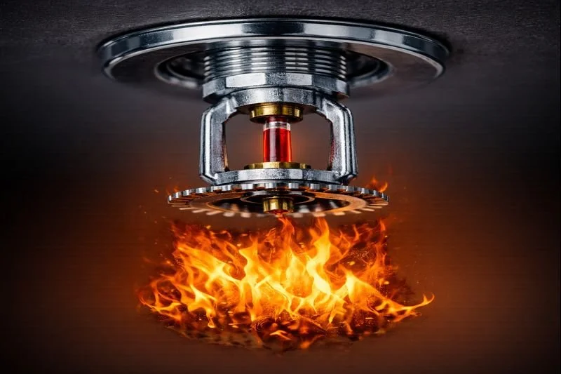 Fire alarm sprinkler system discharging water with flames below.