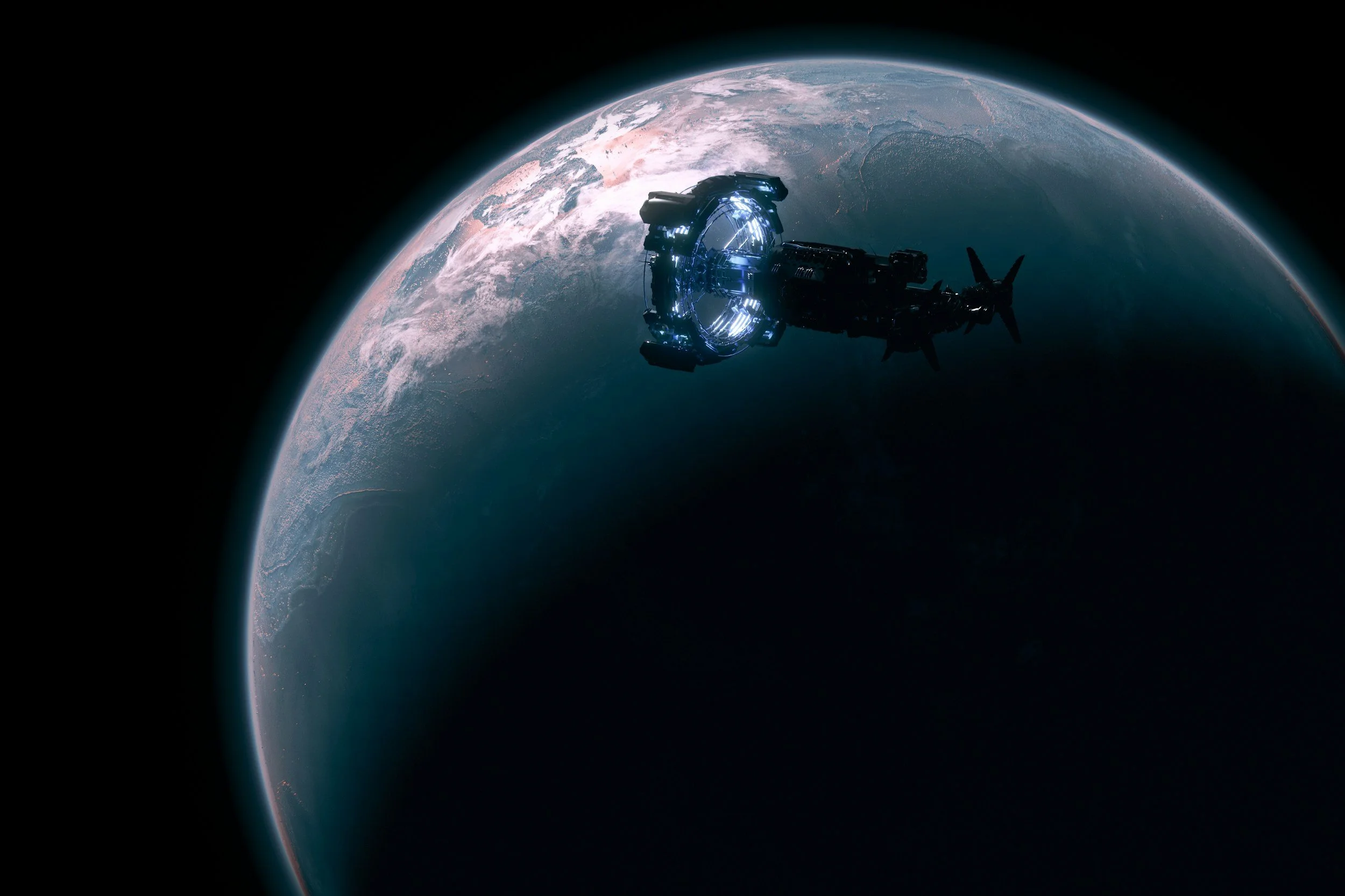 A spaceship orbiting Earth in outer space, with Earth's cloud patterns and landmasses visible below.