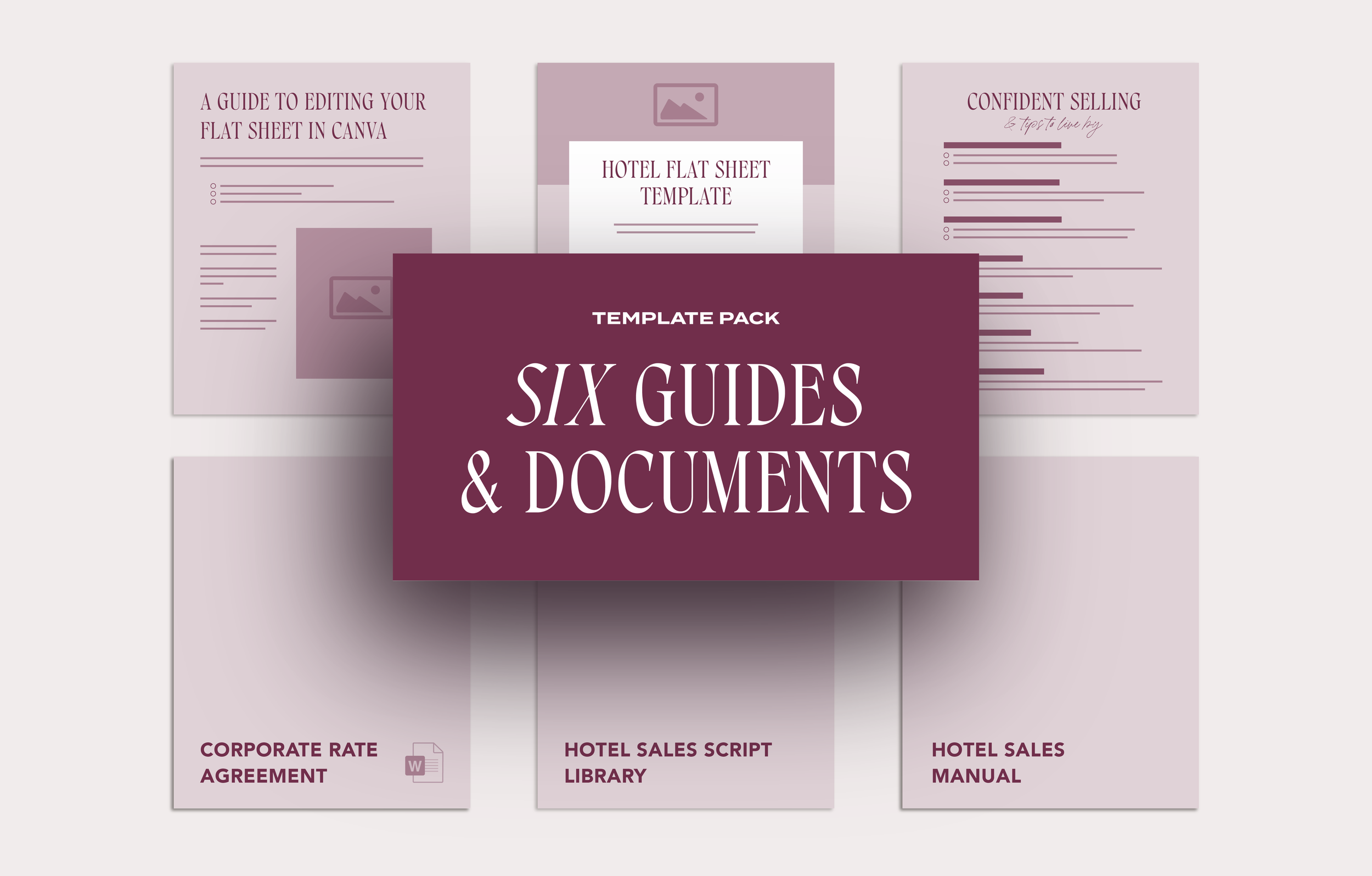 Cover page of a template pack titled 'Six Guides & Documents' featuring six different document thumbnails in shades of purple, including guides on editing flat sheets, selling tips, and hotel sales scripts.