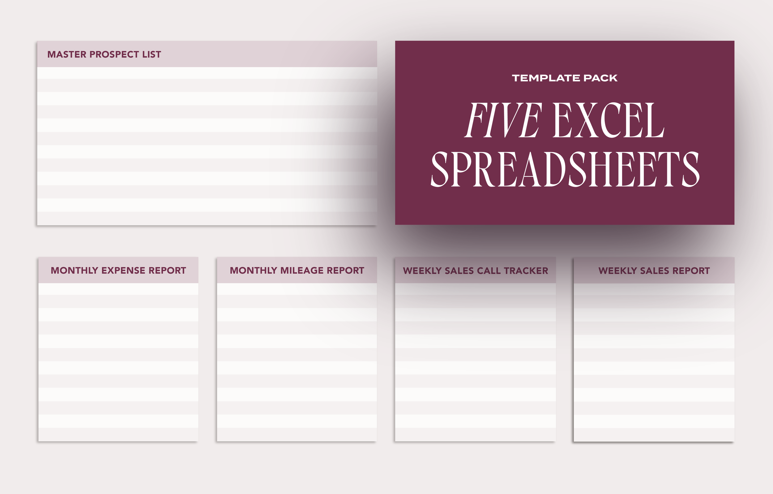 Cover page of an Excel spreadsheet template pack titled 'Five Excel Spreadsheets' with sections including 'Master Prospect List,' 'Monthly Expense Report,' 'Monthly Mileage Report,' 'Weekly Sales Call Tracker,' and 'Weekly Sales Report' all with placeholder lines.