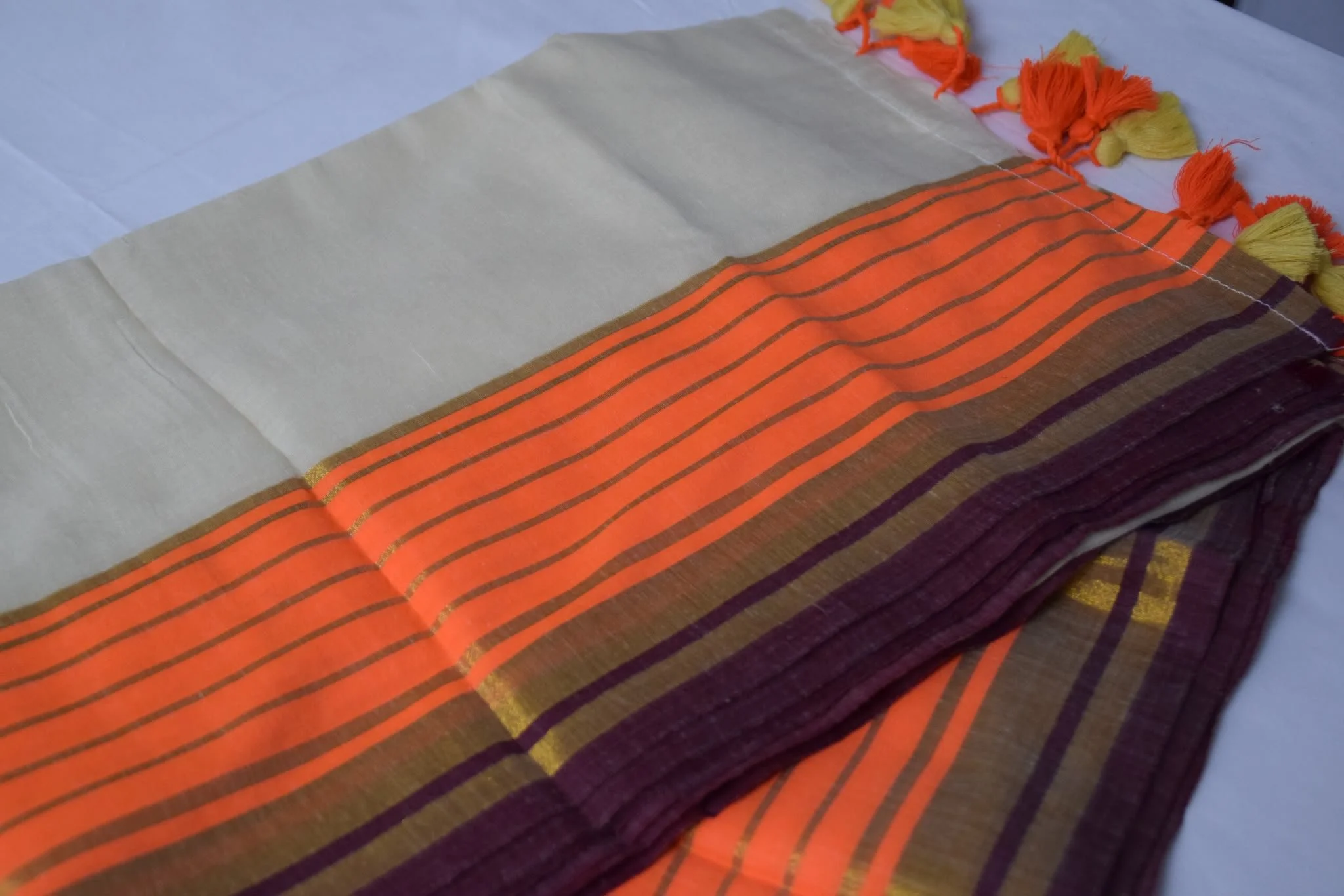 Orange and Maroon boarder Mulcoton saree