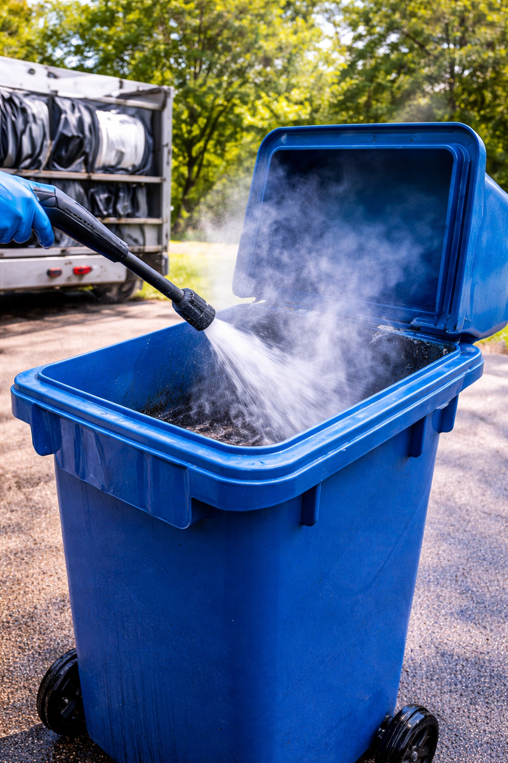 Power washing a blue trash bin.png