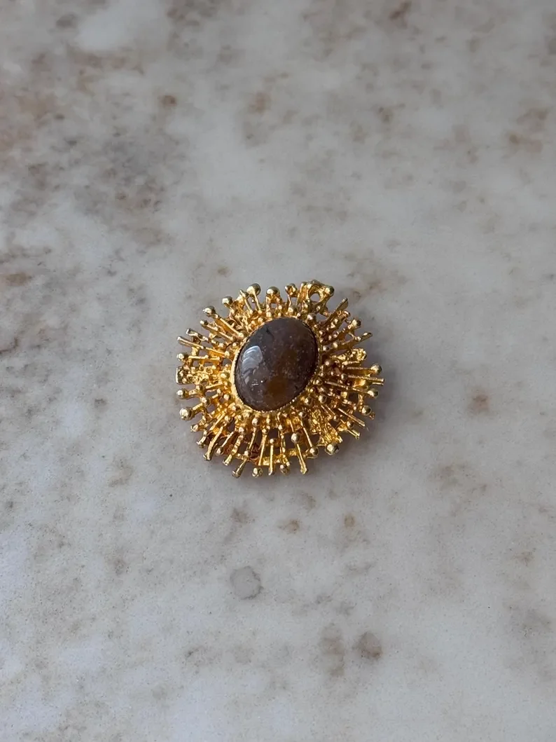 Brutalist Starburst Brooch with Natural Indian Agage. Nonno's Keepings.