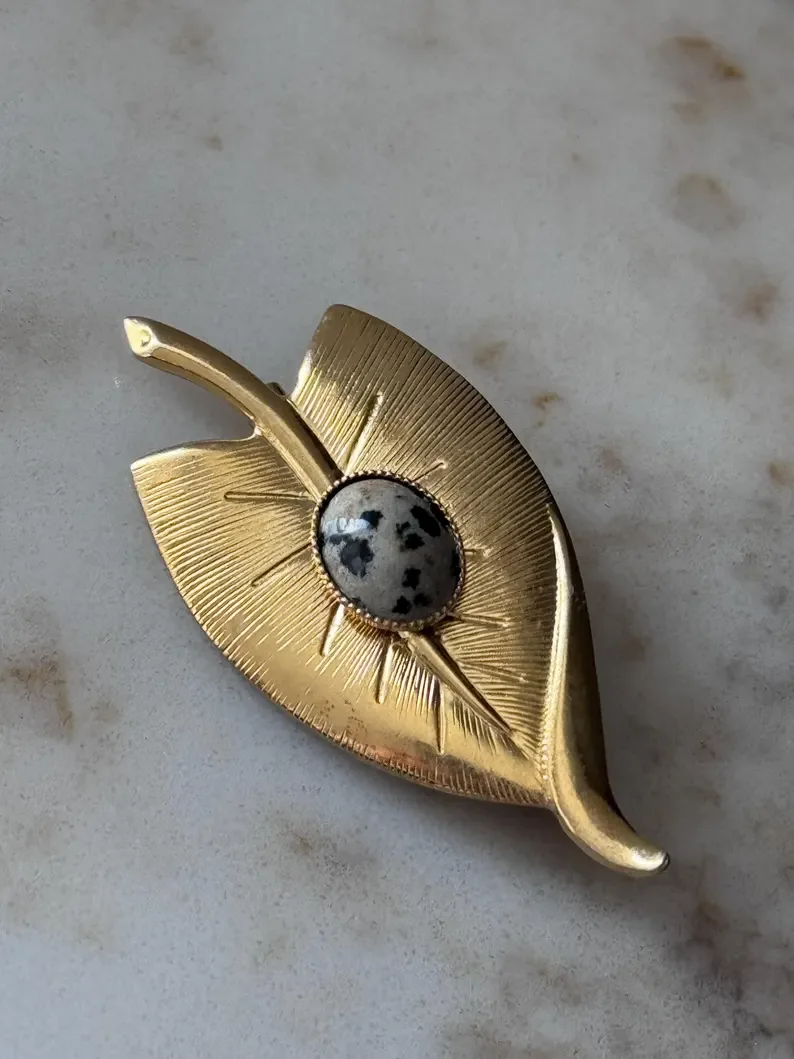Glamorous Leaf Brooch Pendant Natural Dalmatian Jasper. Nonno's Keepings/