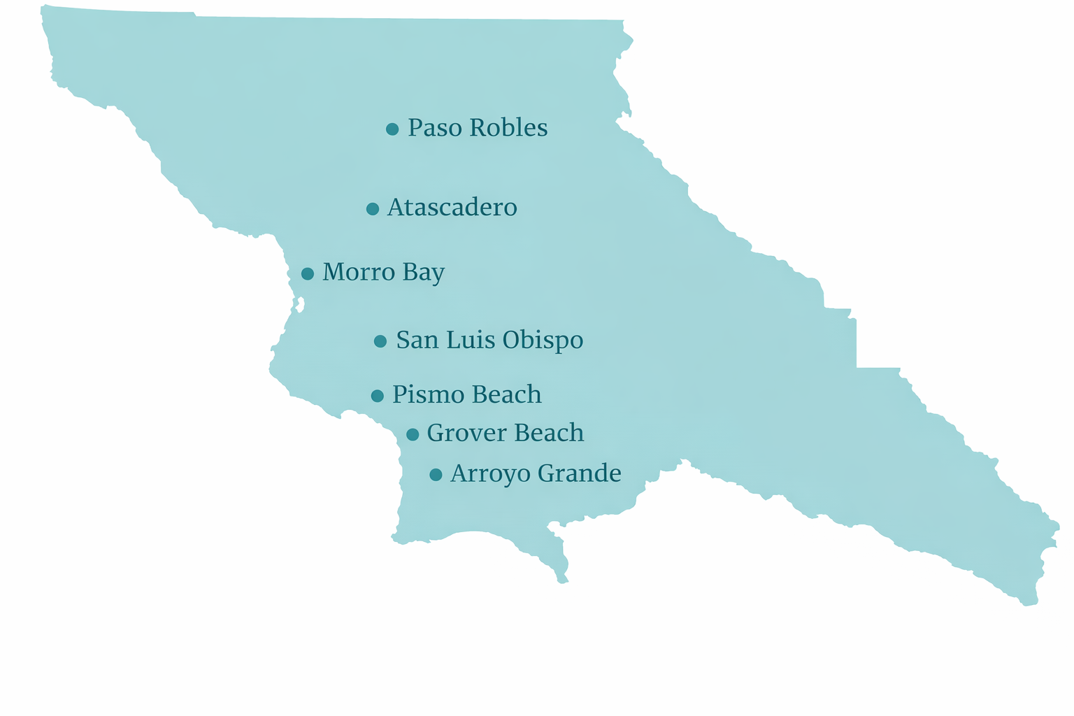 Map of a coastal region with city names such as Paso Robles, Atascadero, Morro Bay, San Luis Obispo, Pismo Beach, Grover Beach, and Arroyo Grande marked with dots.