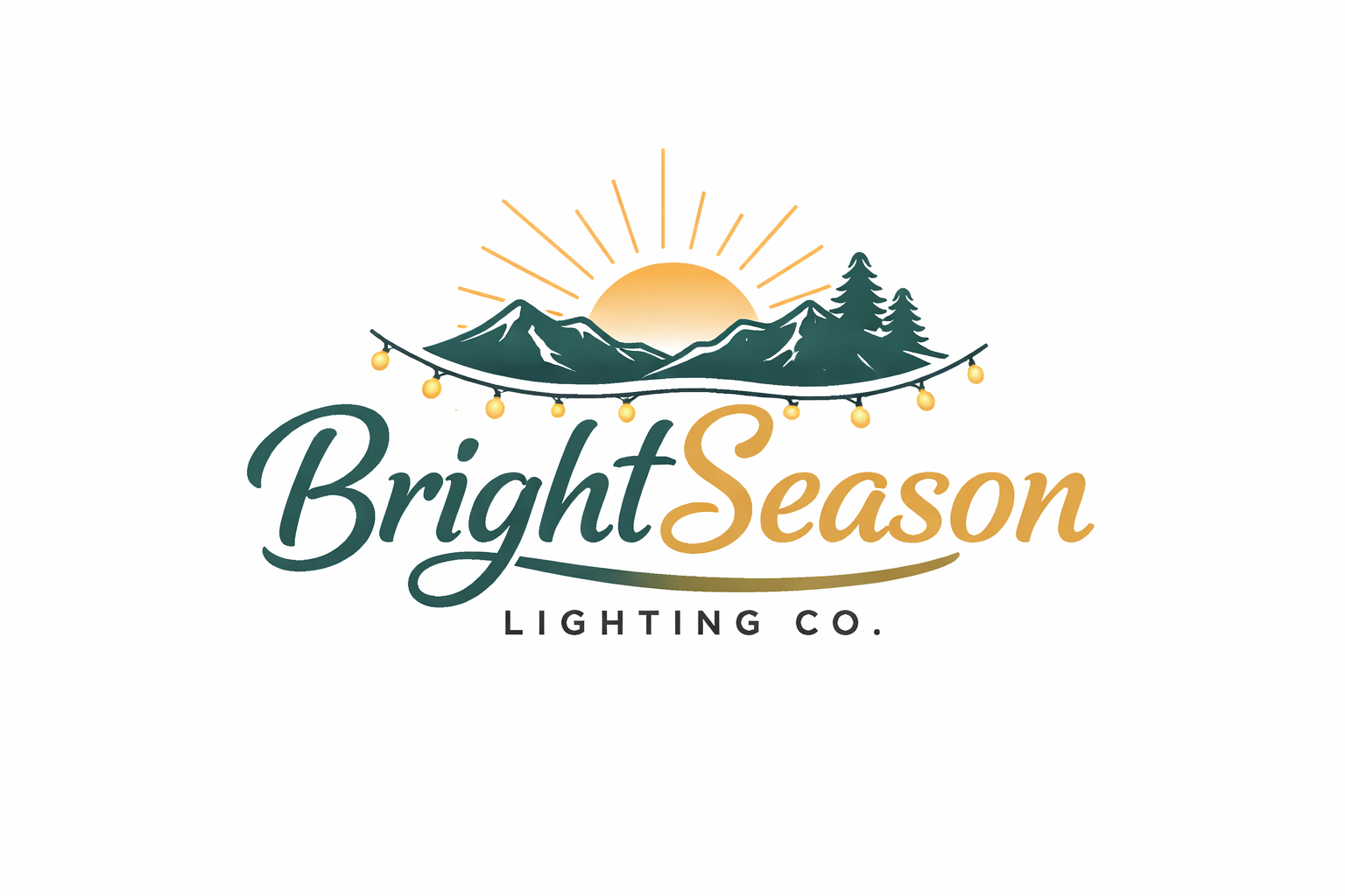 Logo for Bright Season Lighting Co. featuring a mountain landscape with a rising sun, pine trees, and hanging string lights.