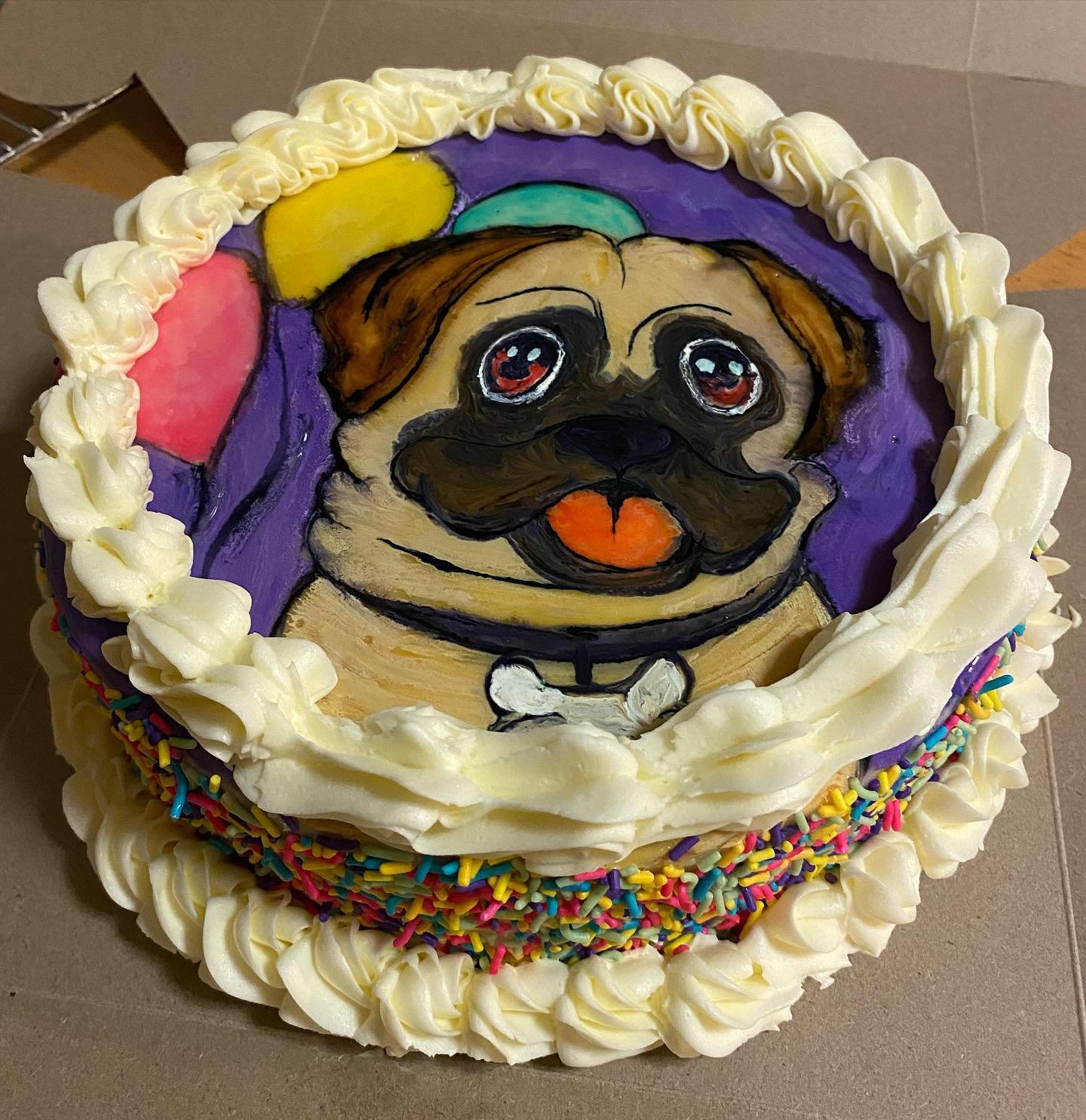 Chocolate Cake with Vanilla Frosting and Hand Painted Pug