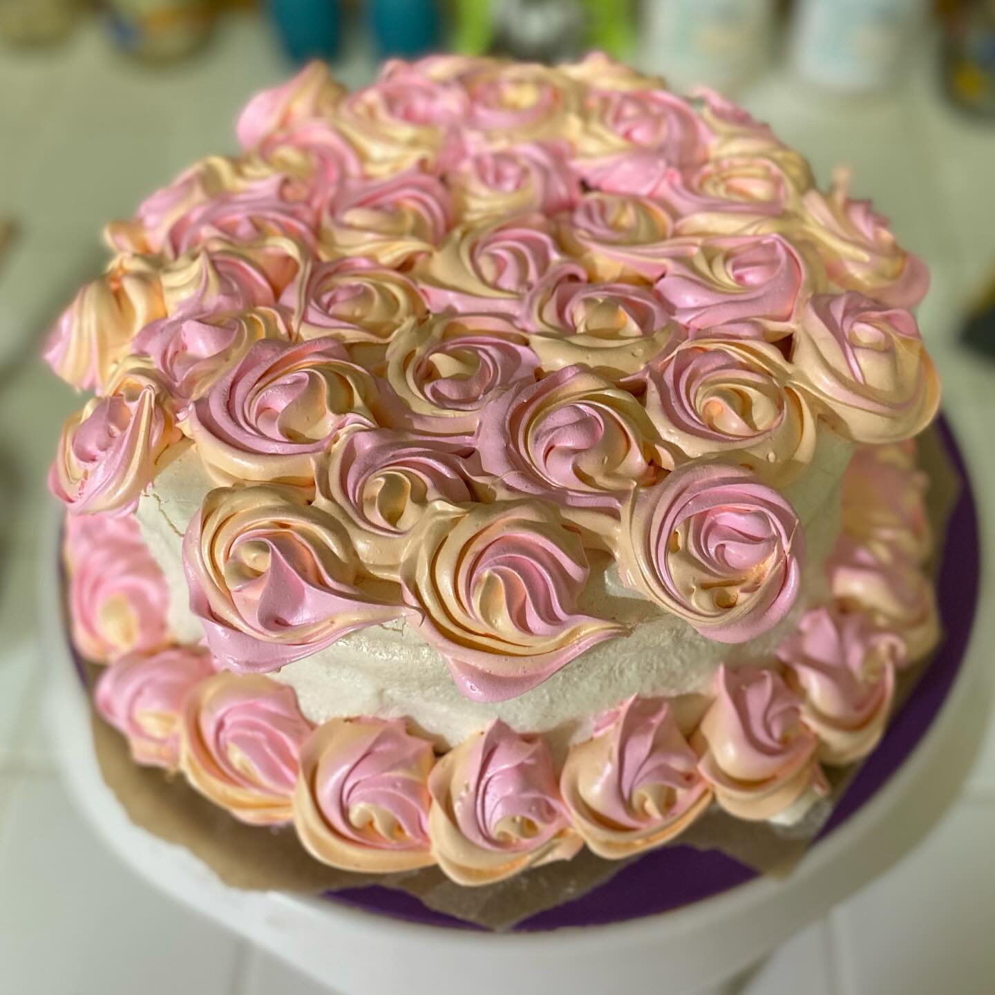 Baked Meringue Cake with Strawberry and Pistachio Cream Filling