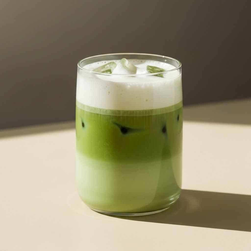 A clear glass filled with green matcha latte topped with foam and ice cubes, placed on a white surface with a gray background.